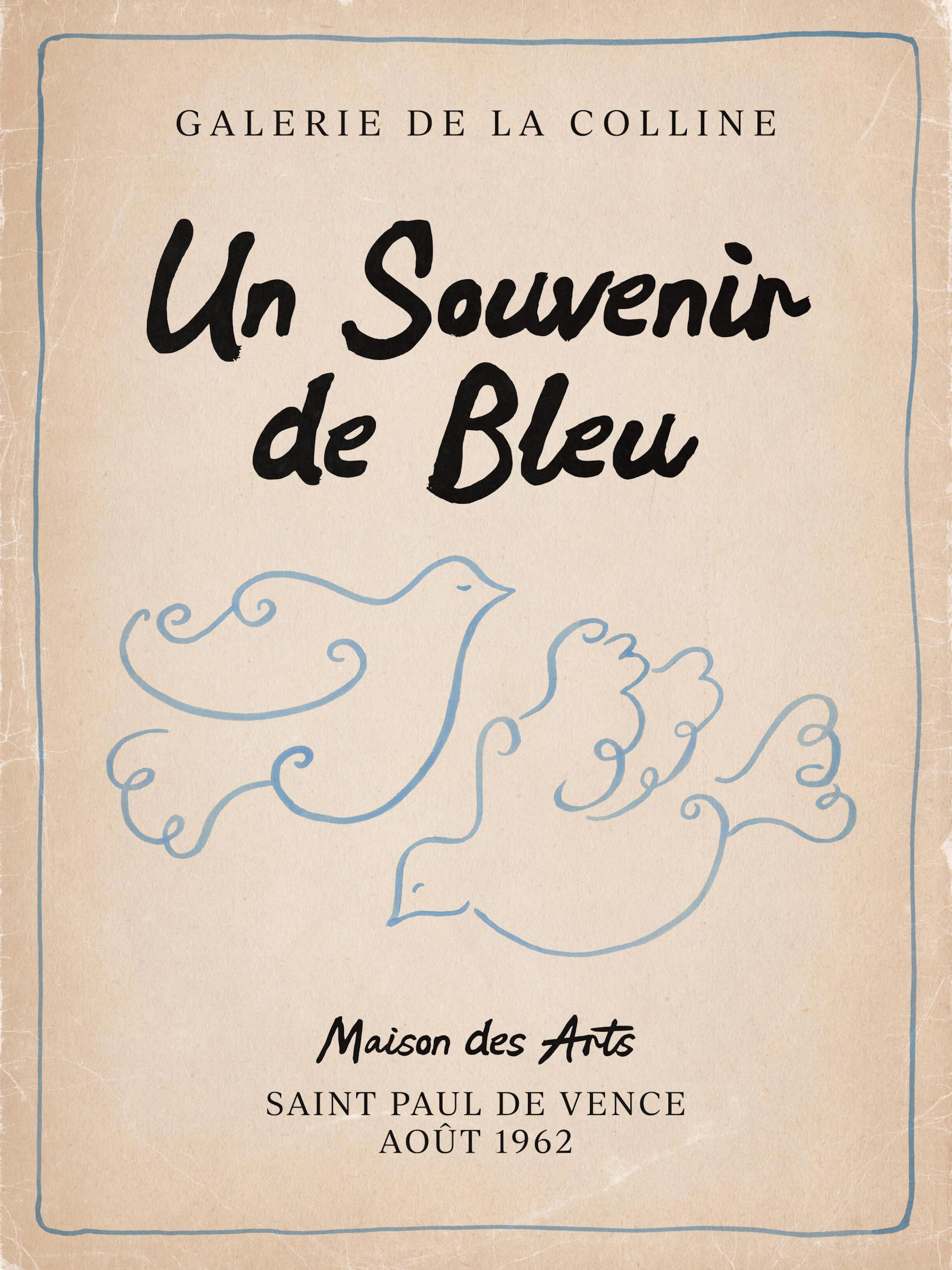 Ρετρό poster με γαλάζια περιστέρια, κυματιστά σχέδια και μαύρο κείμενο Un Souvenir de Bleu σε μπεζ φόντο.
