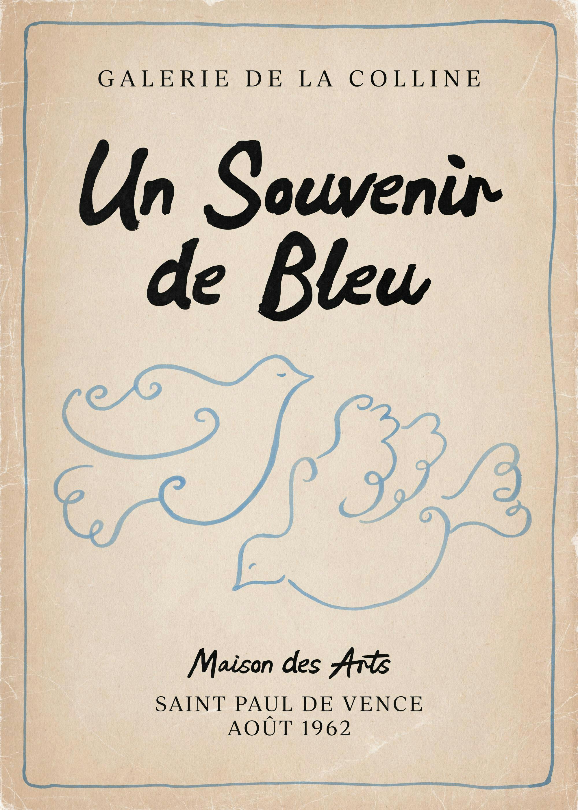 Affiche avec texte noir Un Souvenir de Bleu et des colombes bleues stylisées sur fond beige vieilli.