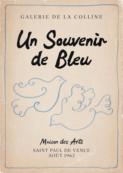 En poster med texten Un Souvenir de Bleu, stiliserade duvor i blått och fransk text mot en beige bakgrund med en blå ram.