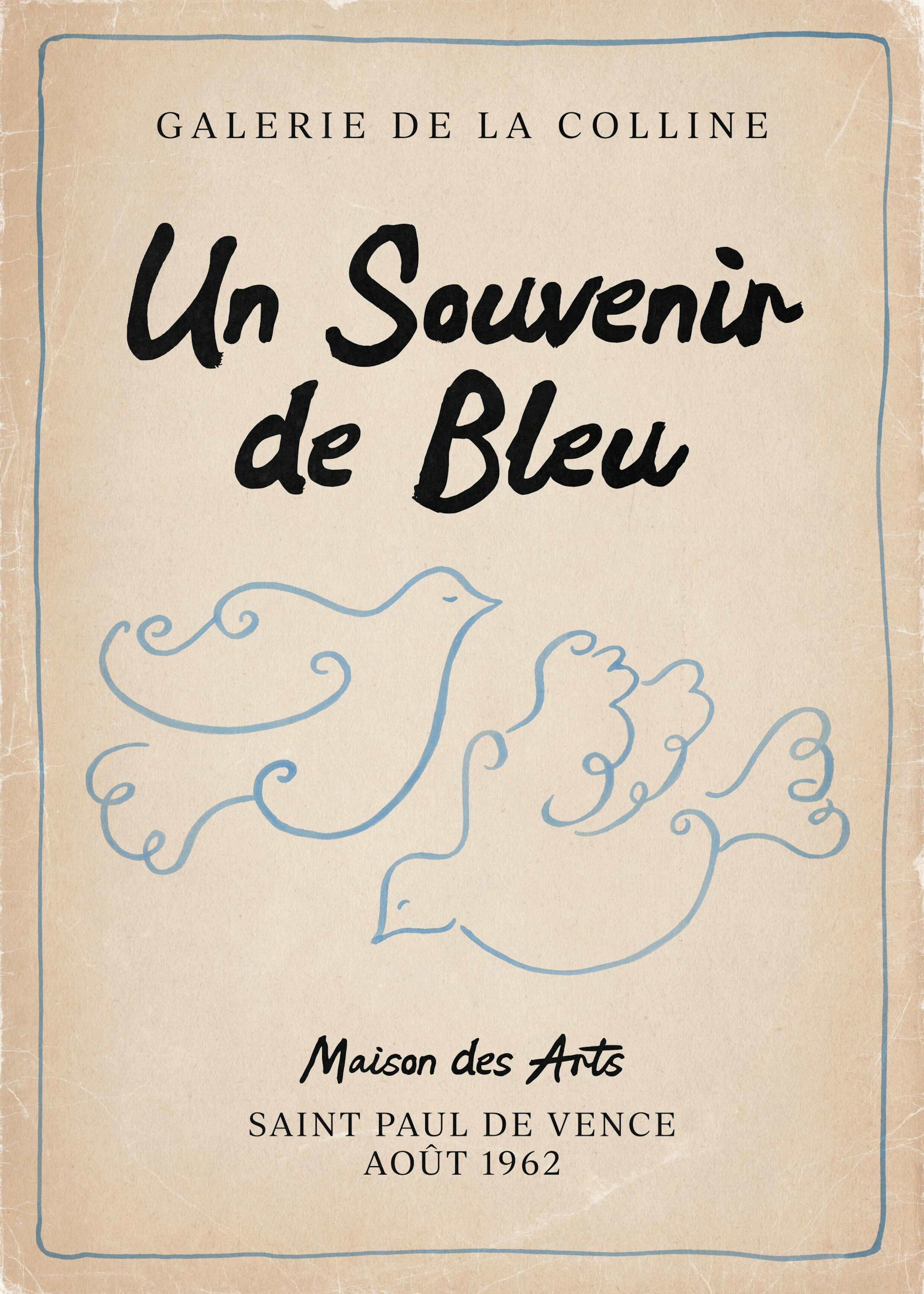 Affiche avec texte noir Un Souvenir de Bleu et des colombes bleues stylisées sur fond beige vieilli.