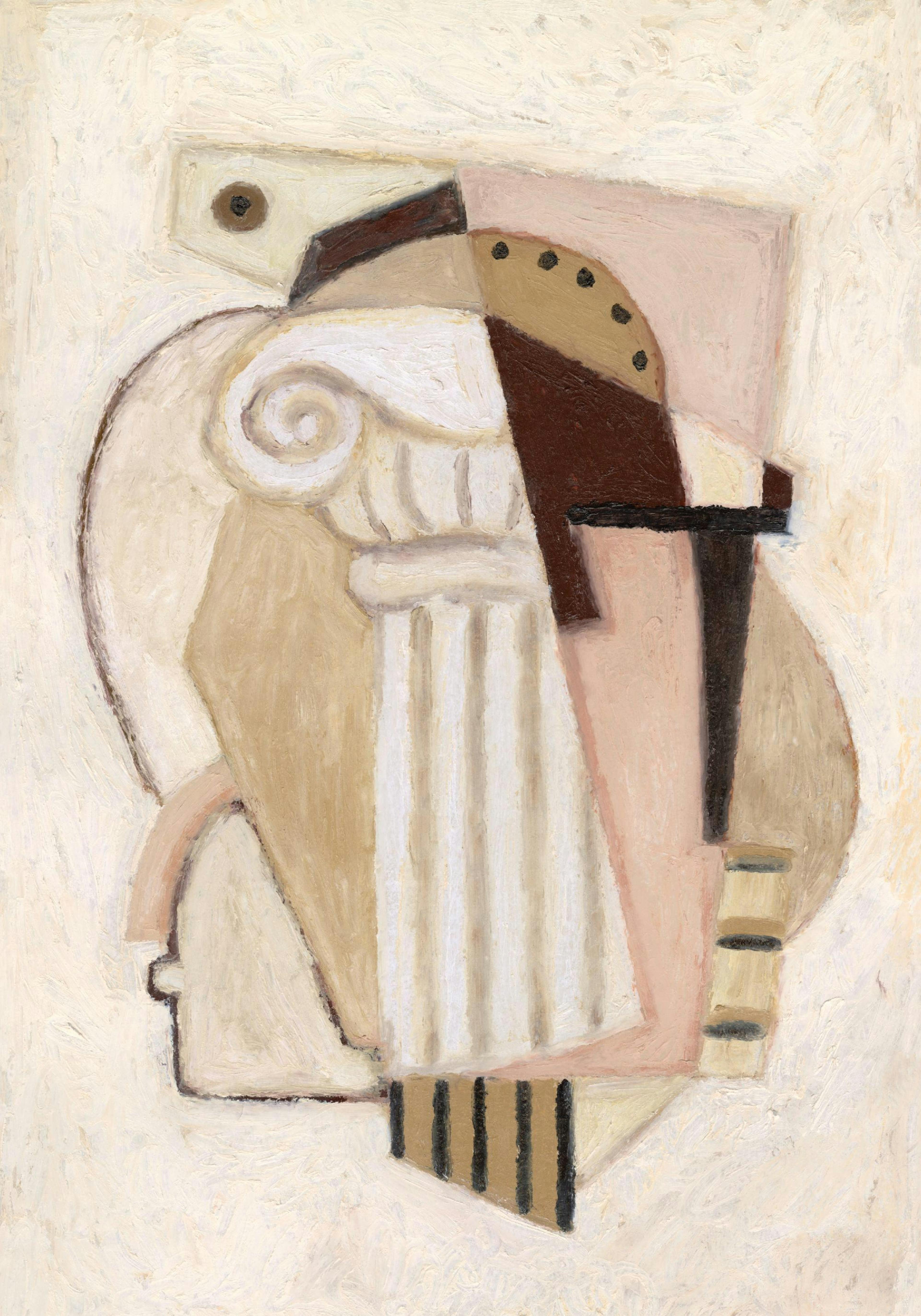 Affiche cubiste aux tons neutres, représentant un visage abstrait avec des éléments architecturaux et un œil distinct.