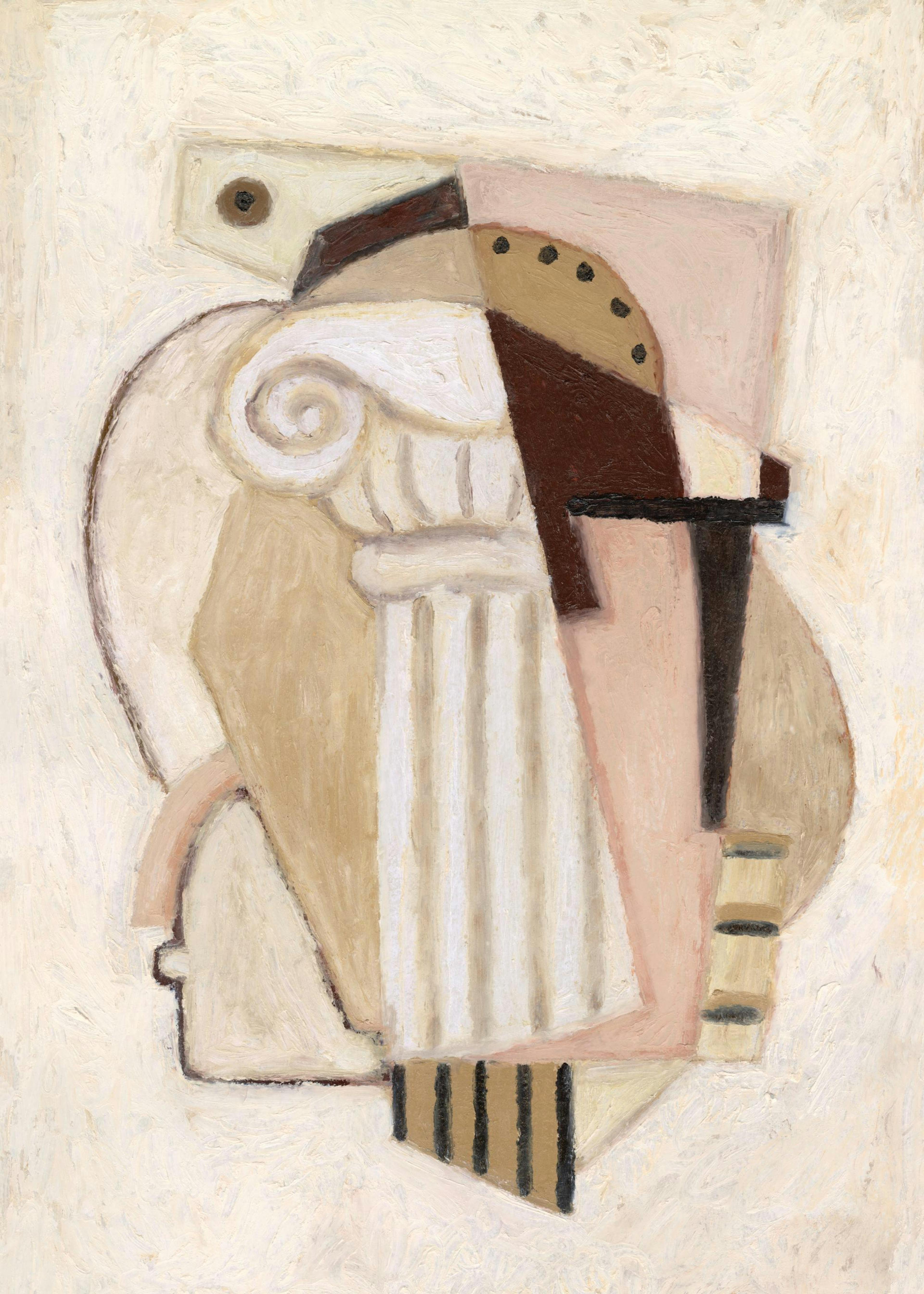 Affiche cubiste aux tons neutres, représentant un visage abstrait avec des éléments architecturaux et un œil distinct.