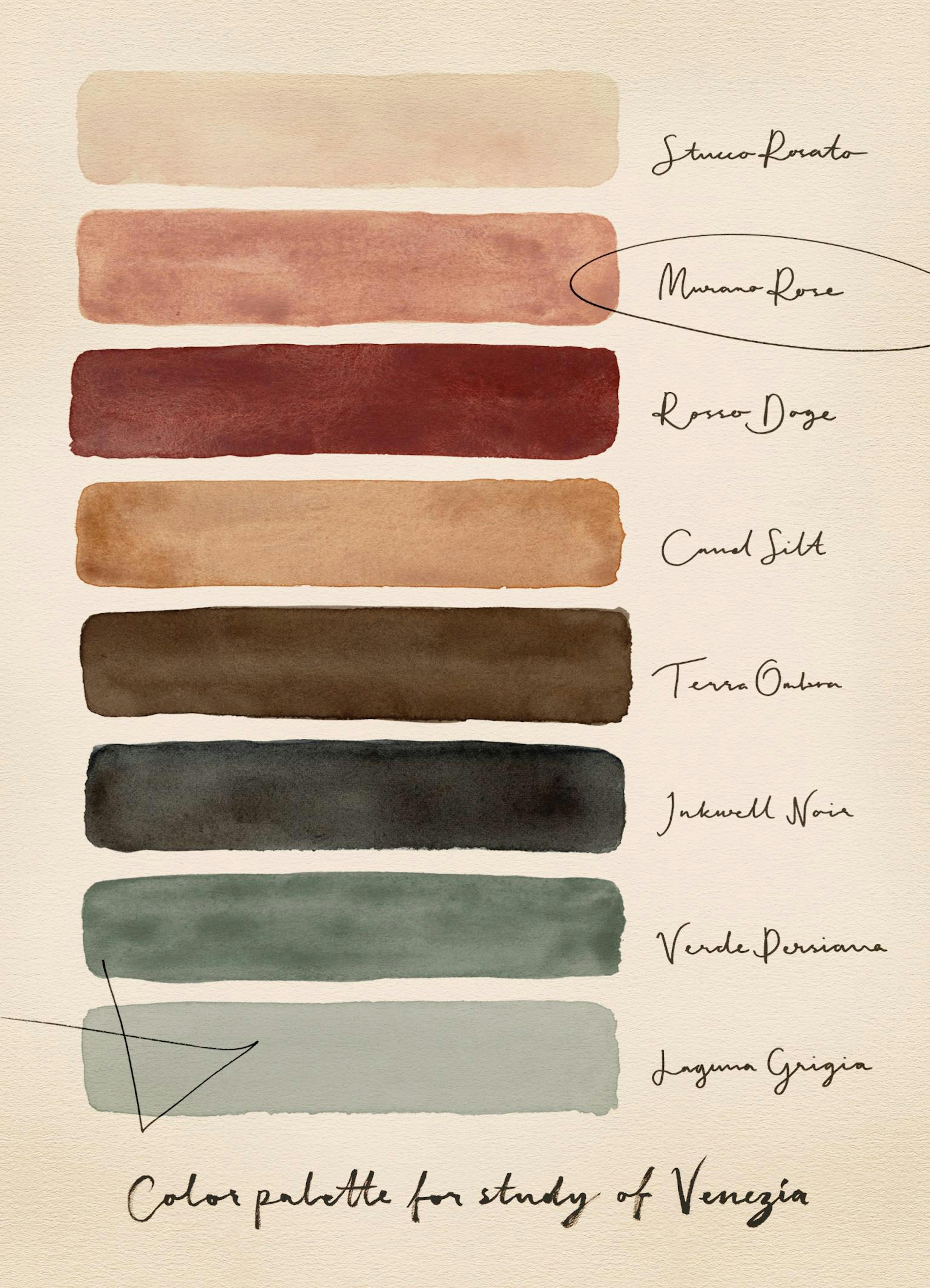 Affiche dune palette de couleurs vénitiennes avec des teintes de rose, rouge, brun, vert et gris, avec des noms de couleurs call