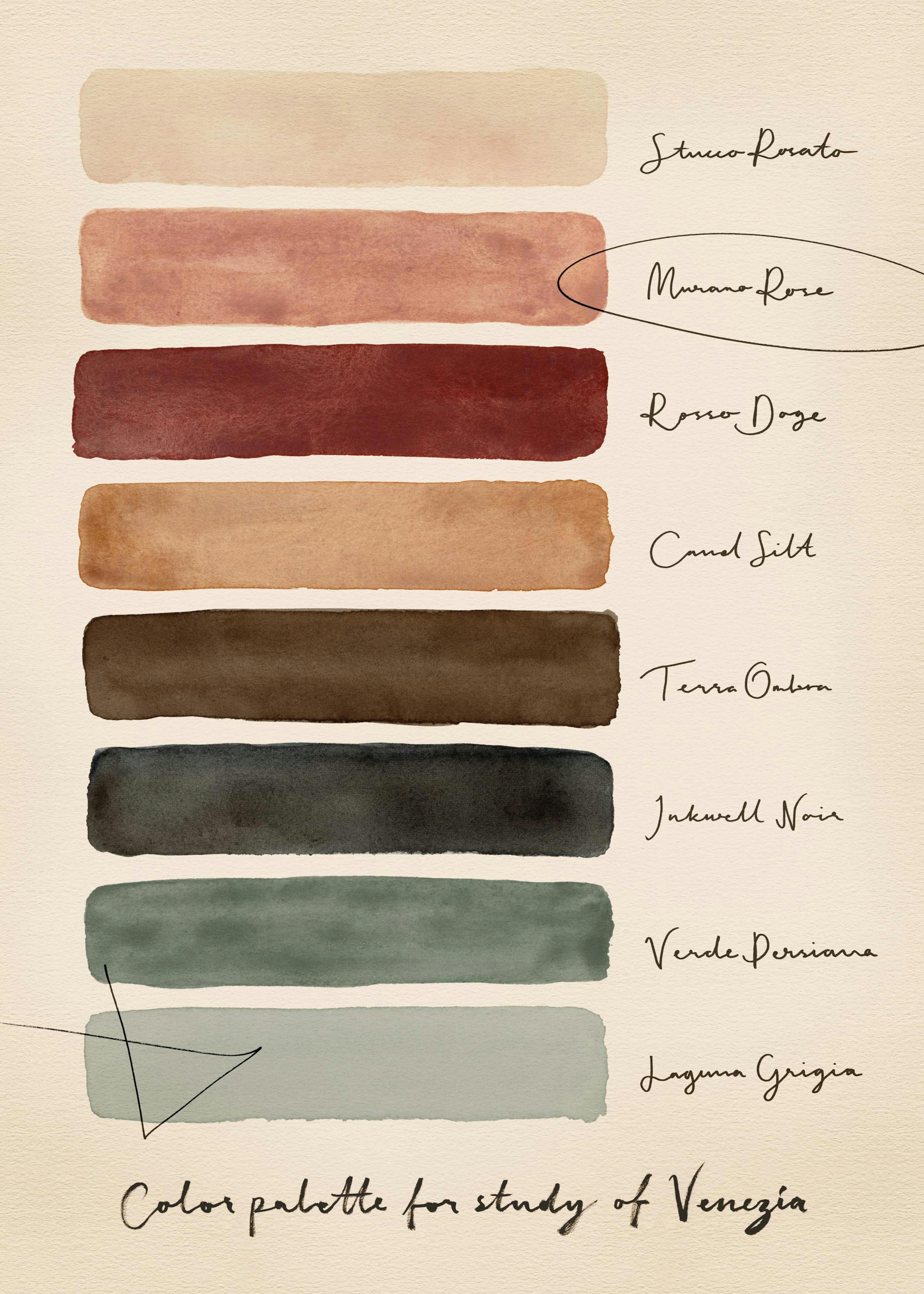 Affiche dune palette de couleurs vénitiennes avec des teintes de rose, rouge, brun, vert et gris, avec des noms de couleurs call