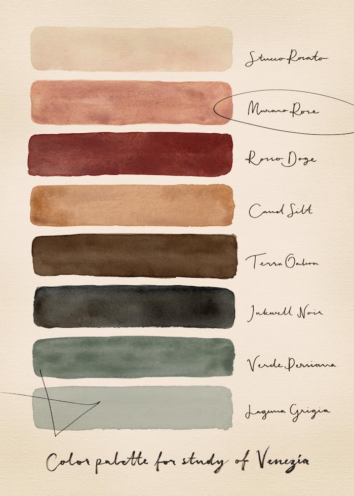 Poster: Eine Farbpalette für Venedig mit acht horizontalen Farbstreifen in warmen Erd- und Grüntönen auf hellem Hintergrund.