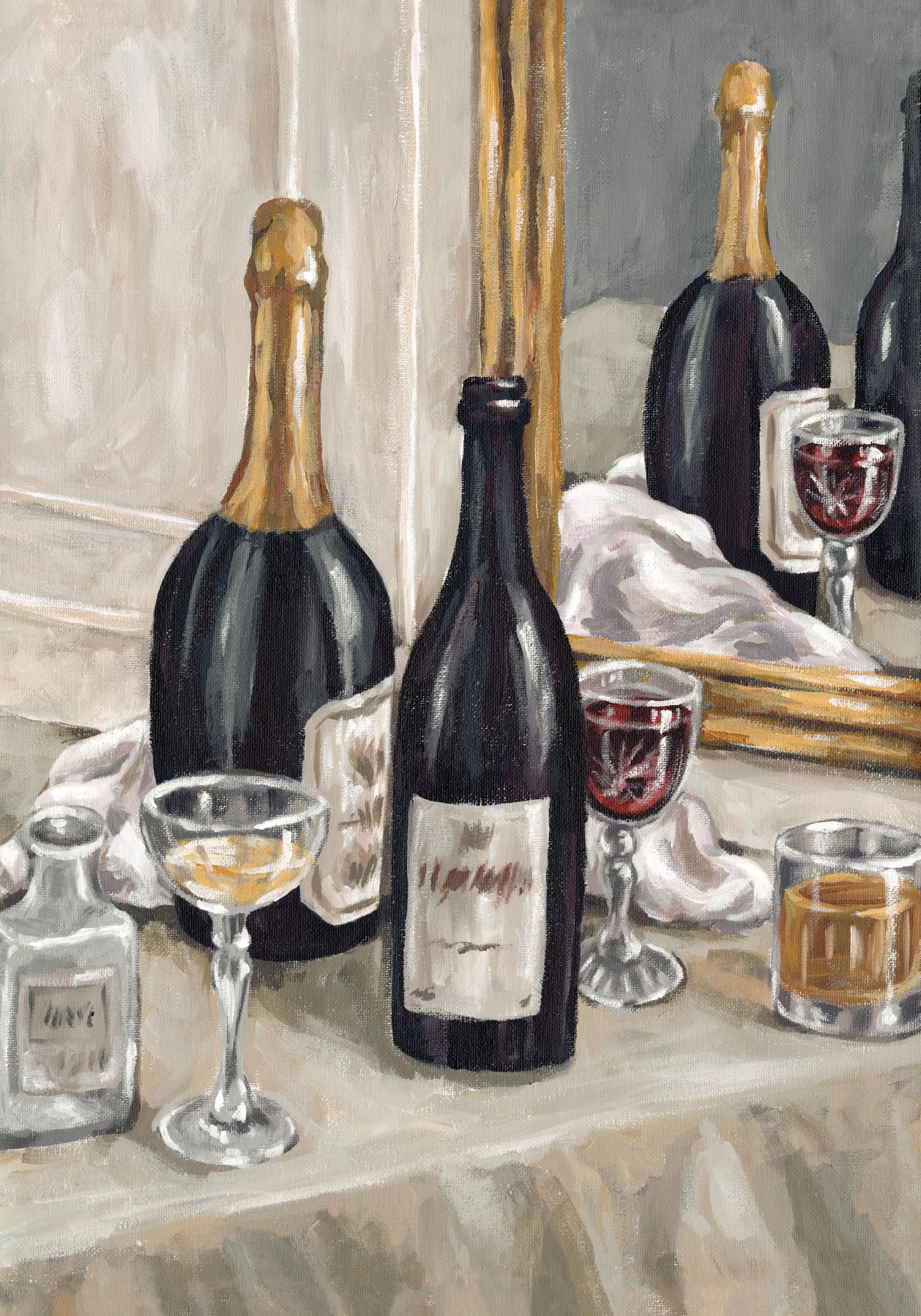 Poster con dipinto a olio di natura morta di bottiglie di vino e bicchieri su un tavolo.