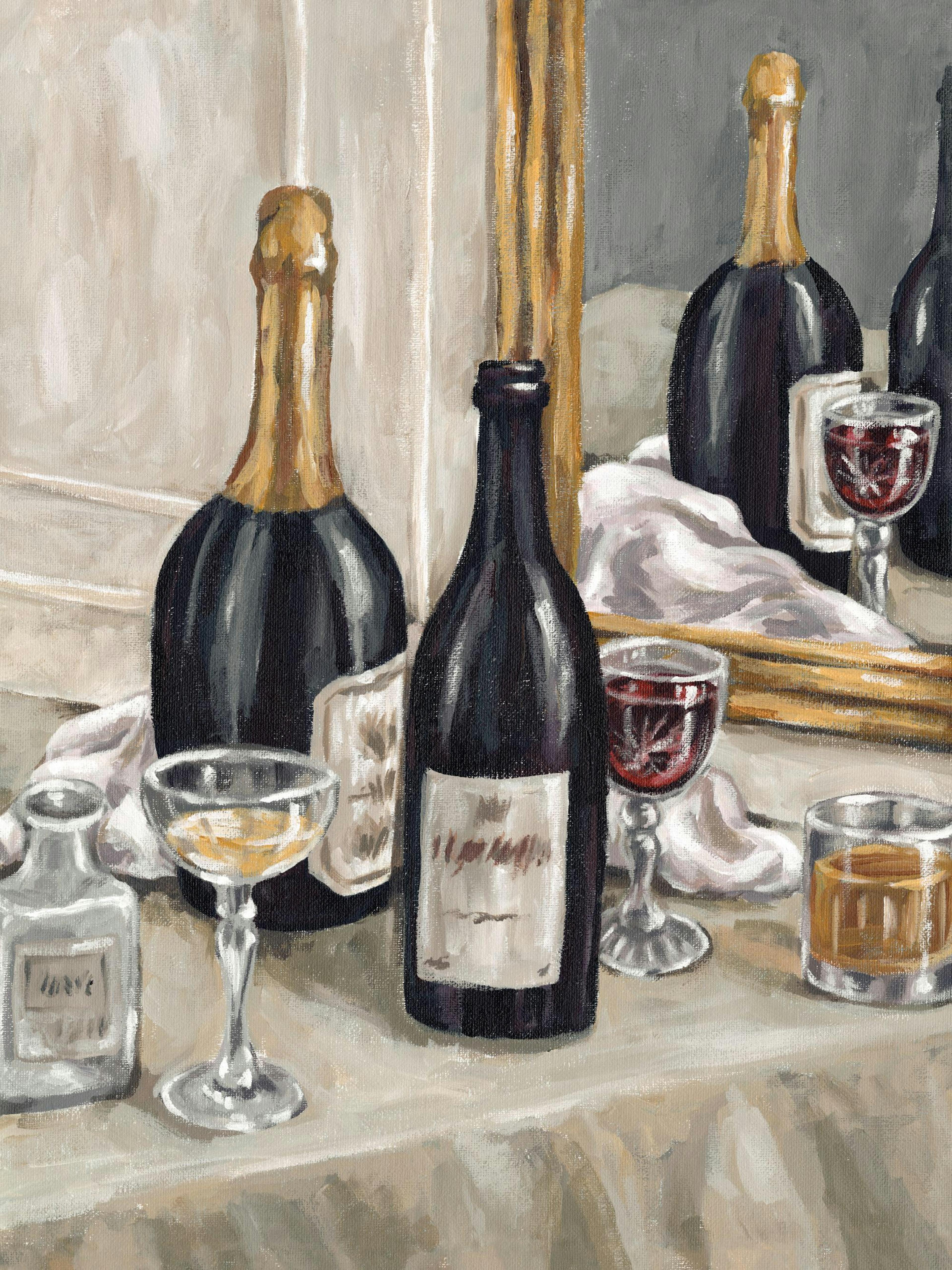 Affiche dune nature morte avec des bouteilles de vin et des verres remplis sur une table recouverte dun tissu.