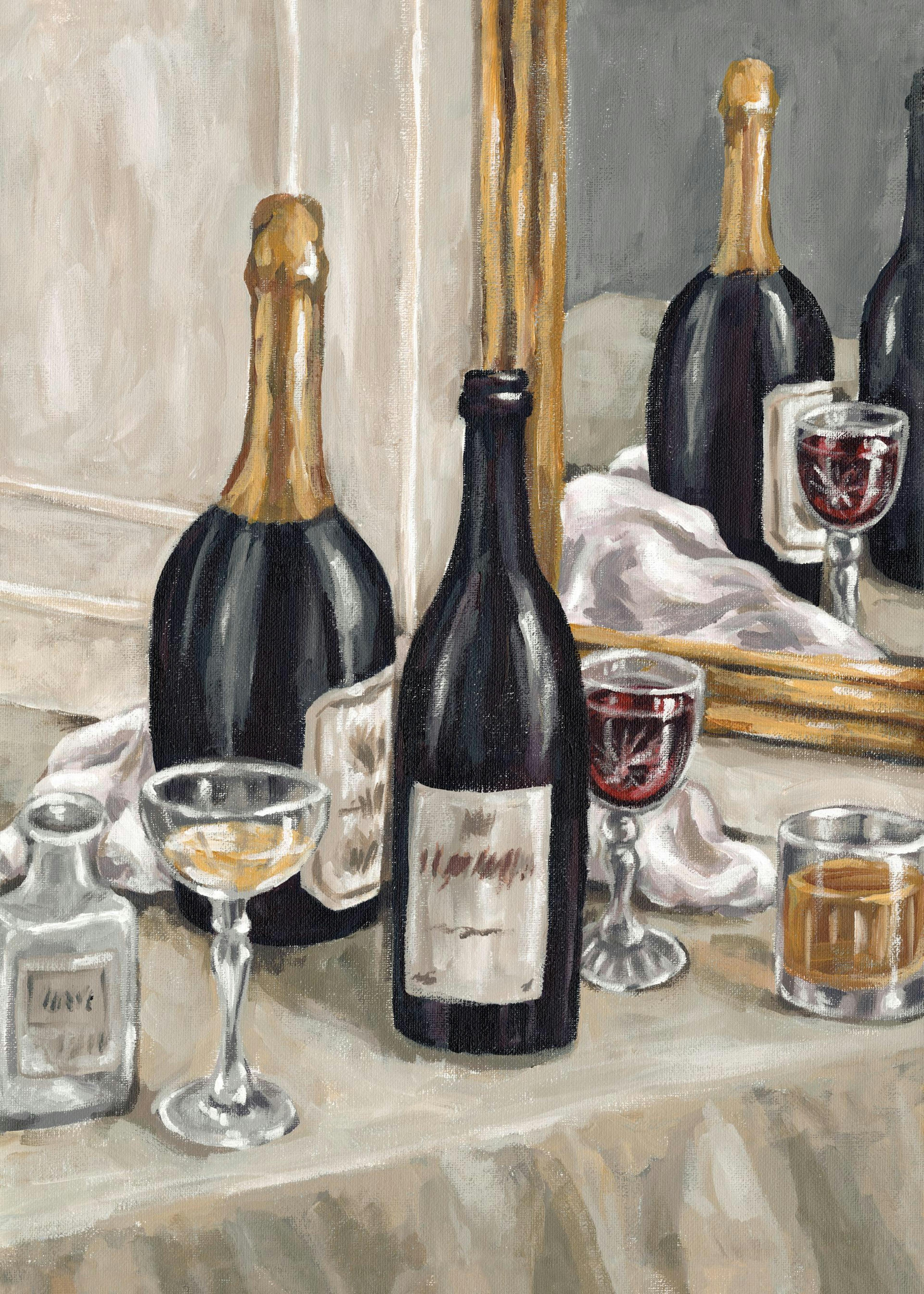 Affiche dune nature morte avec des bouteilles de vin et des verres remplis sur une table recouverte dun tissu.