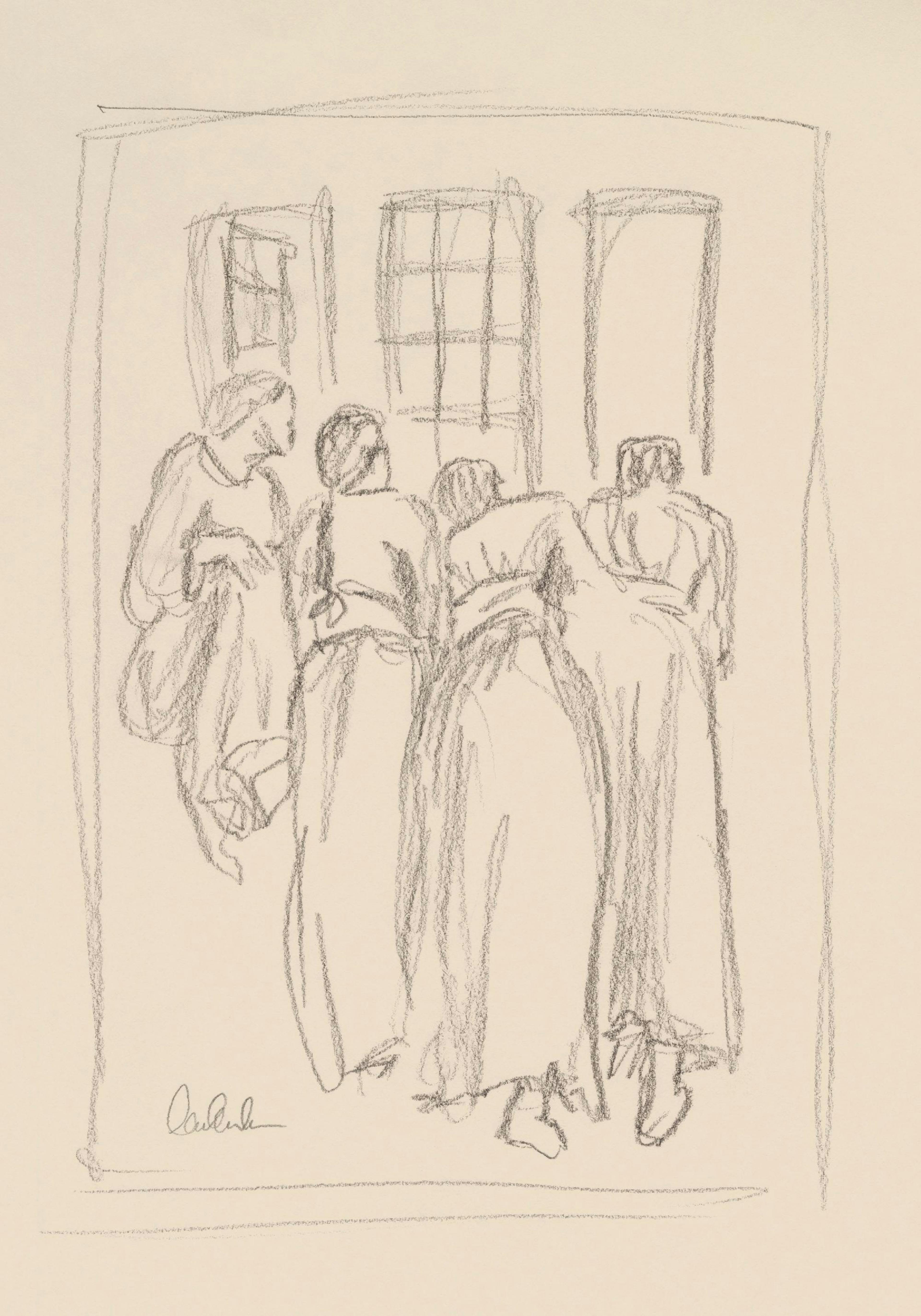 Affiche avec un croquis au crayon de quatre femmes aux longues jupes, de dos, regardant par une fenêtre.