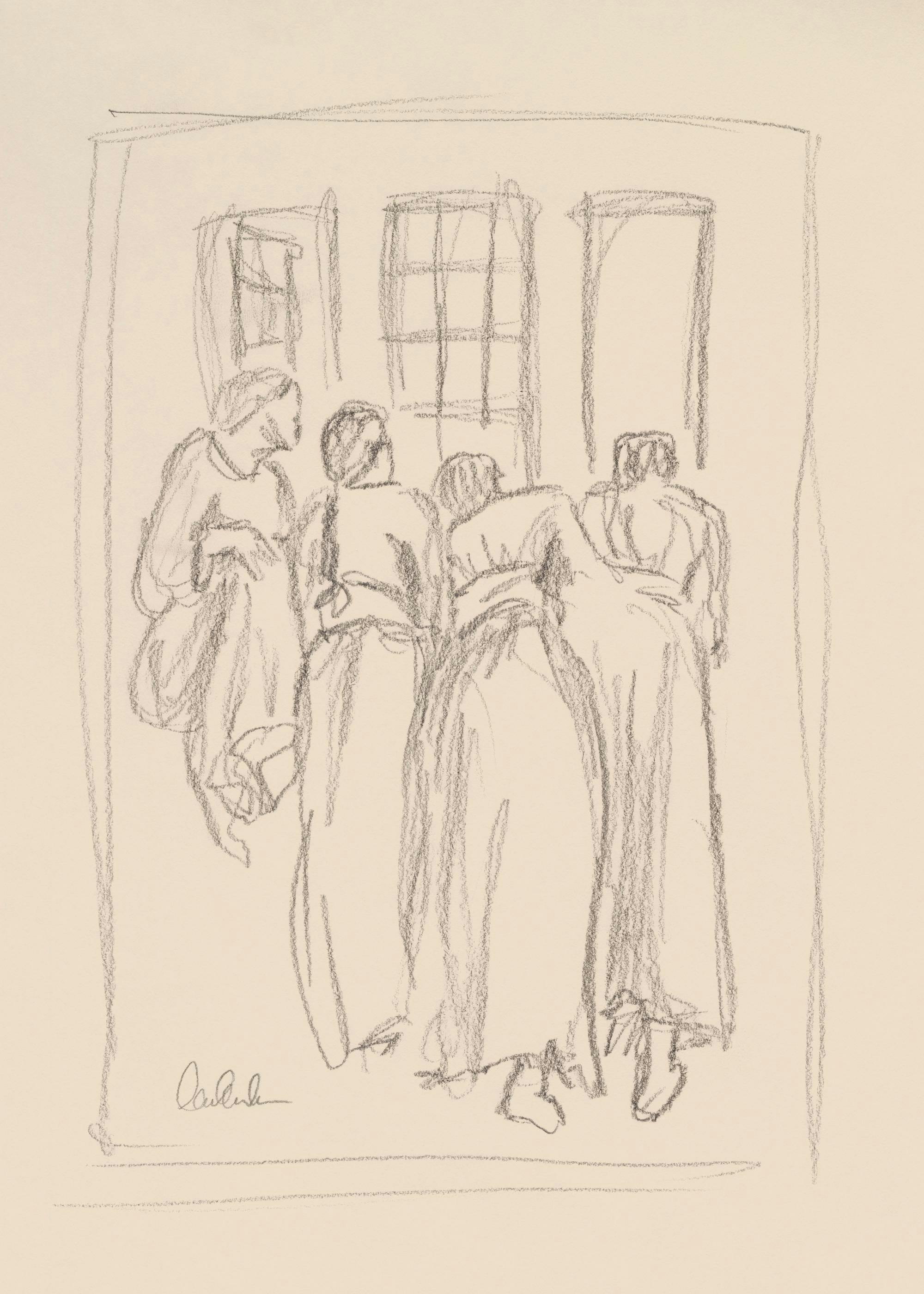 Affiche avec un croquis au crayon de quatre femmes aux longues jupes, de dos, regardant par une fenêtre.