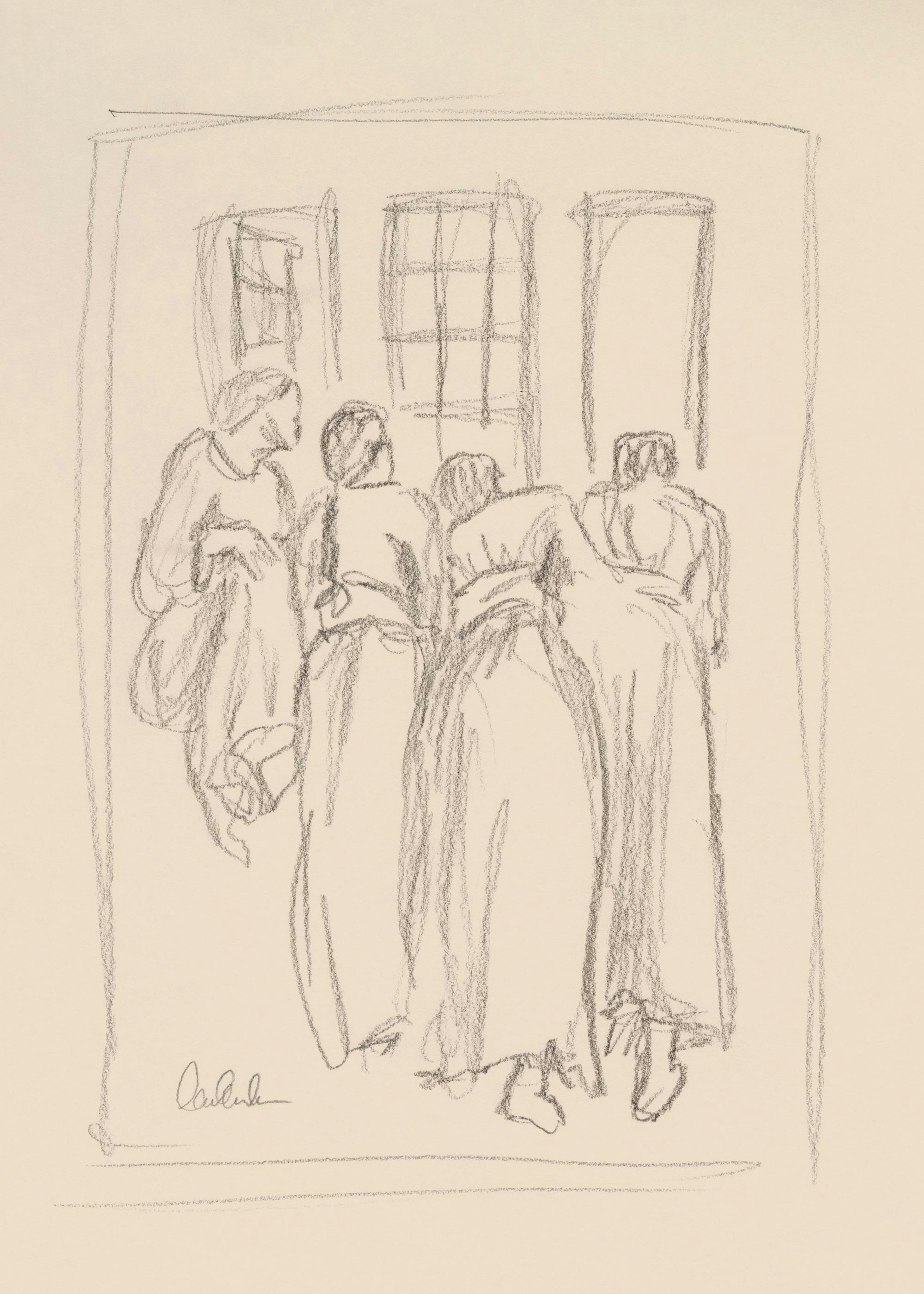 Affiche avec un croquis au crayon de quatre femmes aux longues jupes, de dos, regardant par une fenêtre.