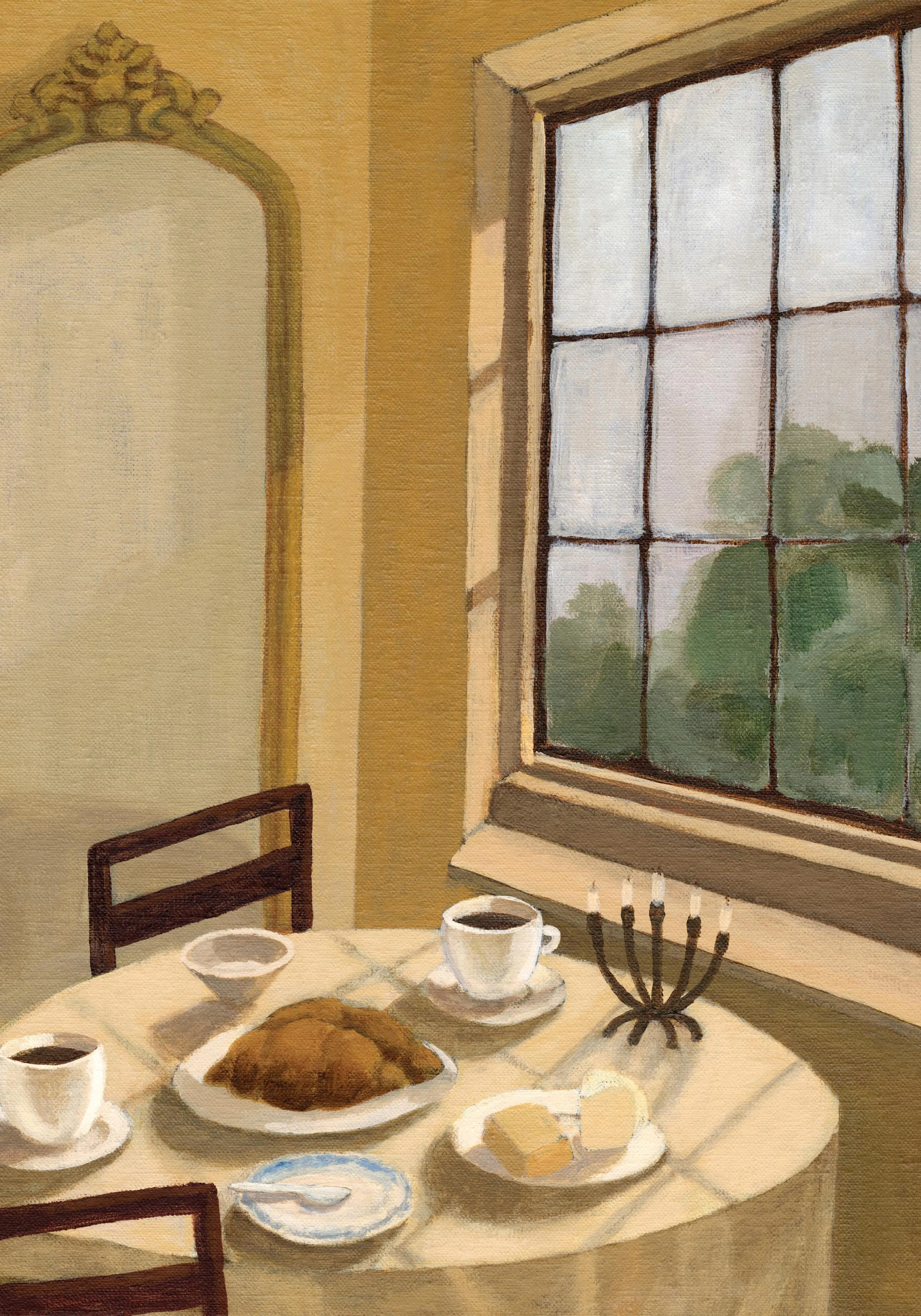 Poster av ett målat frukostbord med kaffe, bröd och smör, intill ett fönster och en spegel.