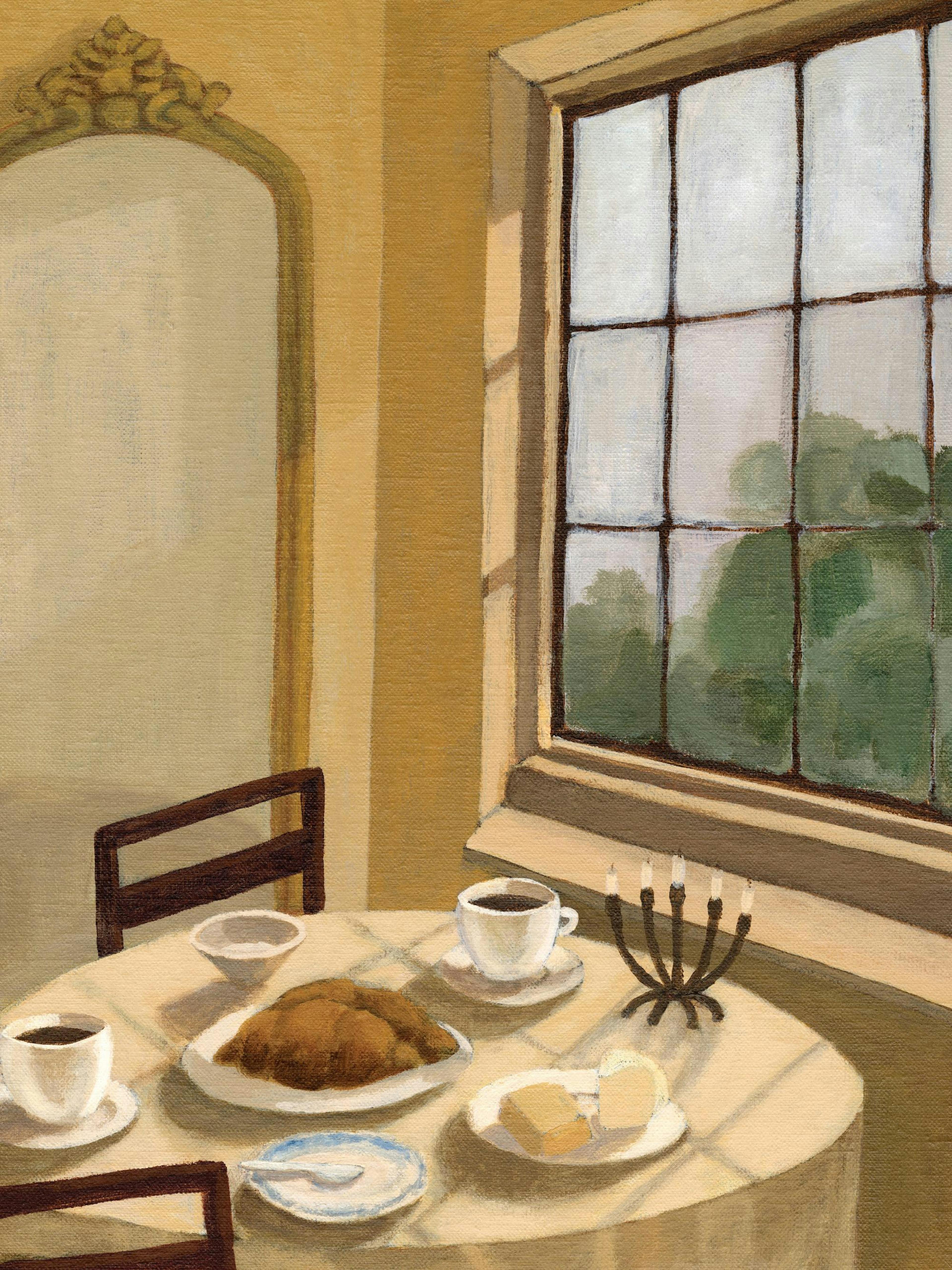 Affiche dune table de petit-déjeuner avec café, croissants et beurre, devant une fenêtre avec des arbres.