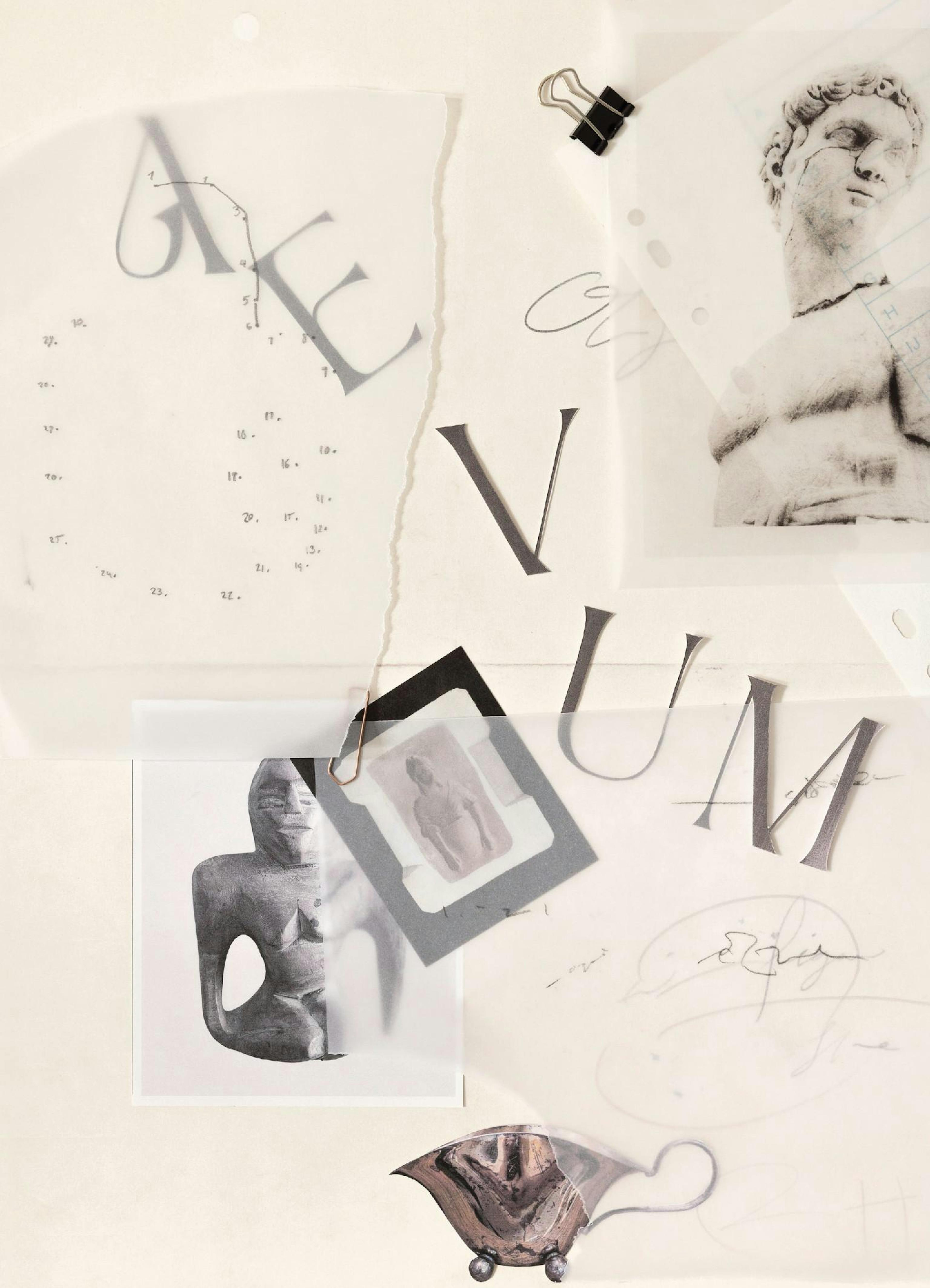 Affiche avec un collage dimages antiques, de lettres noires découpées et de dessins sur fond beige pâle.