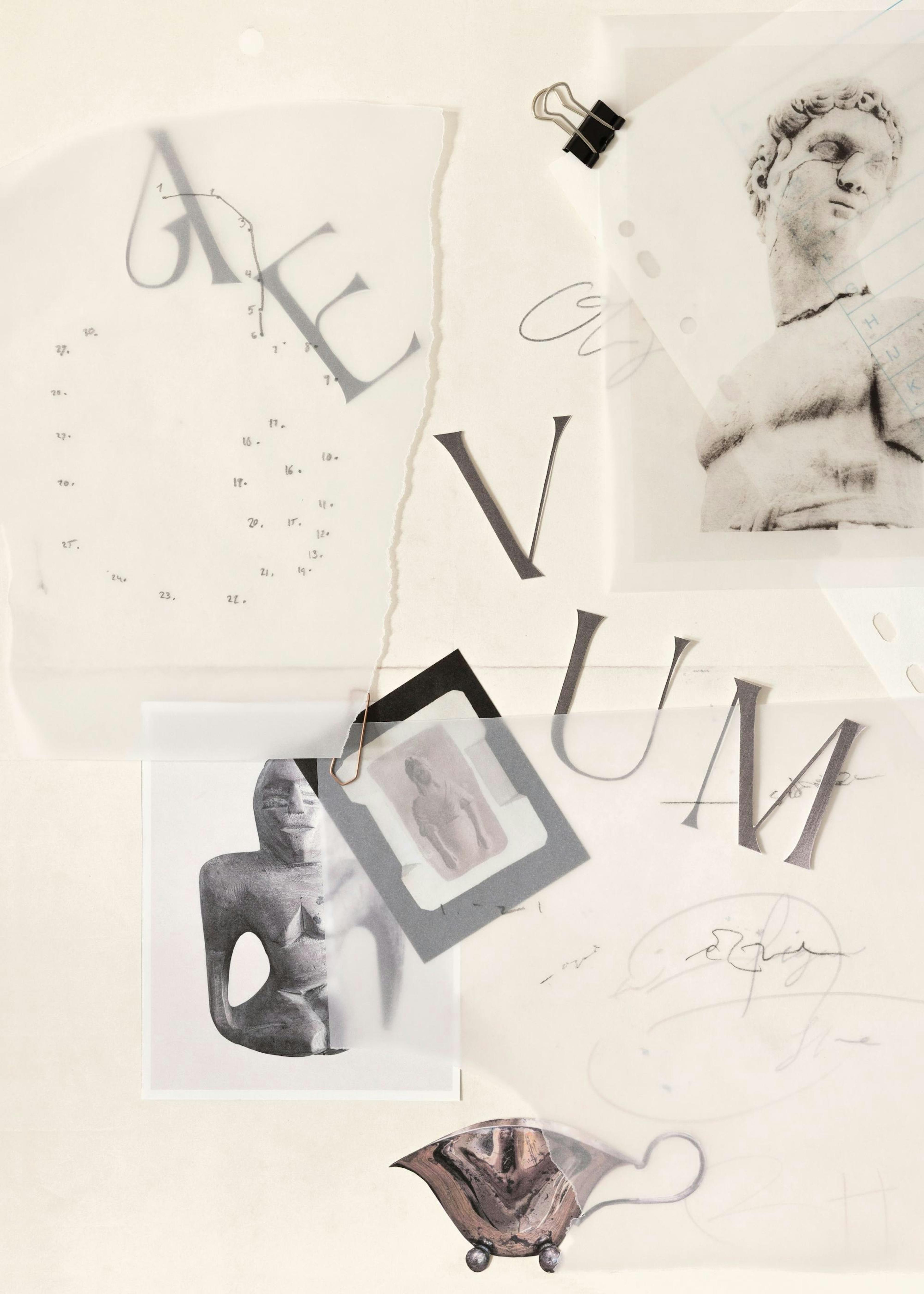 Affiche avec un collage dimages antiques, de lettres noires découpées et de dessins sur fond beige pâle.