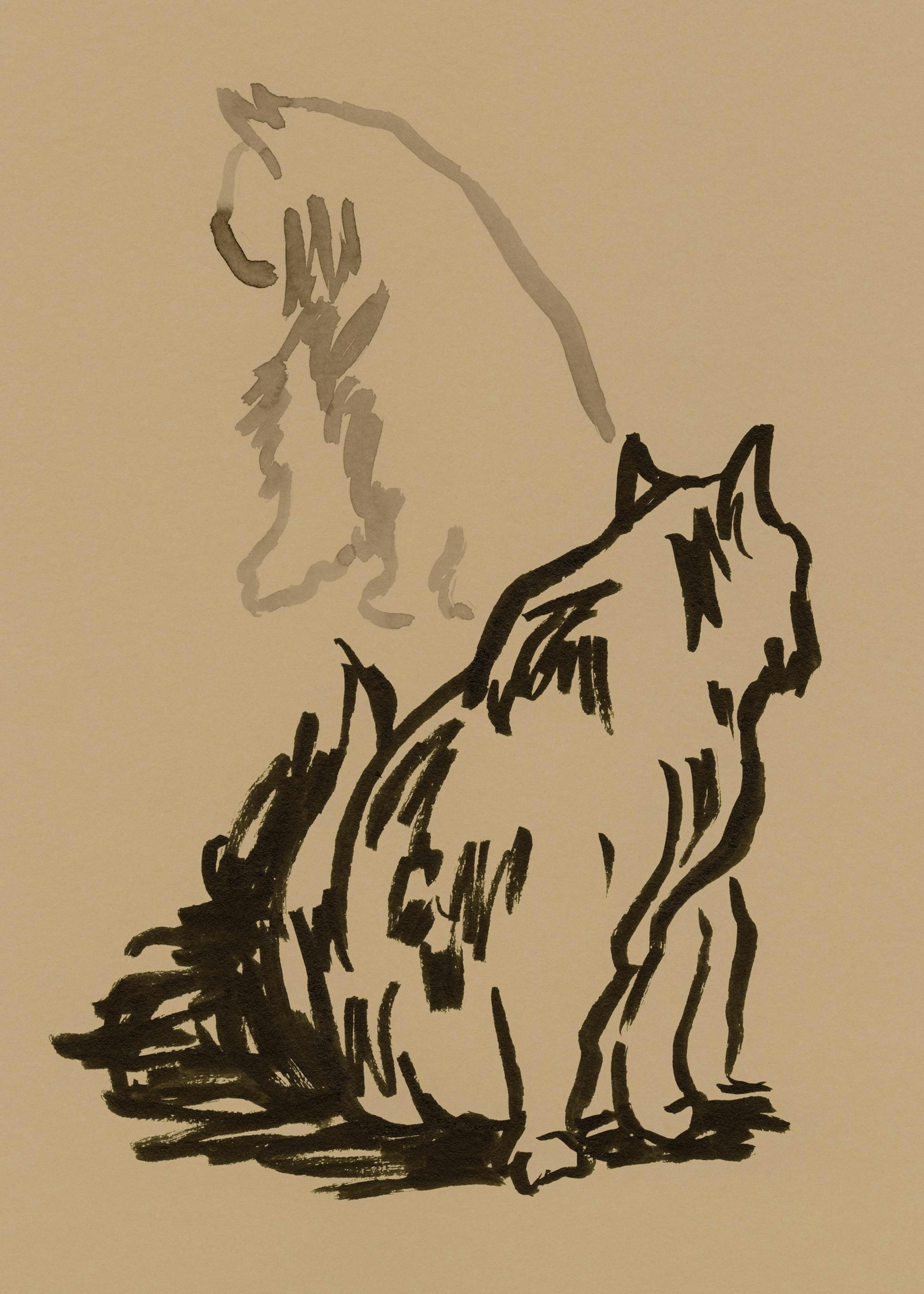 Affiche avec un croquis de chat noir et un chat fantôme gris sur un fond beige.