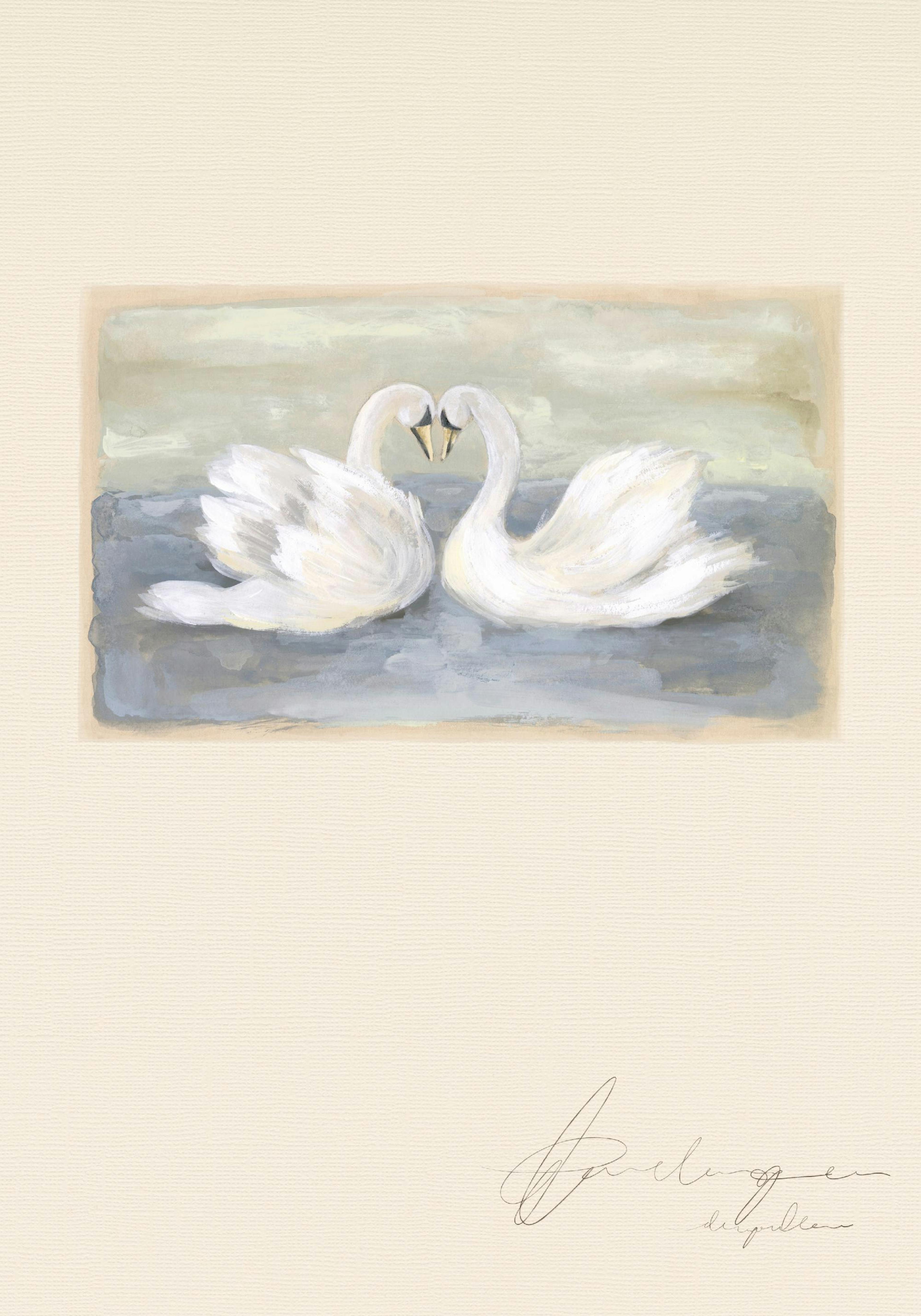 Affiche avec deux cygnes blancs enlacés sur un lac gris-bleu, fond beige clair.