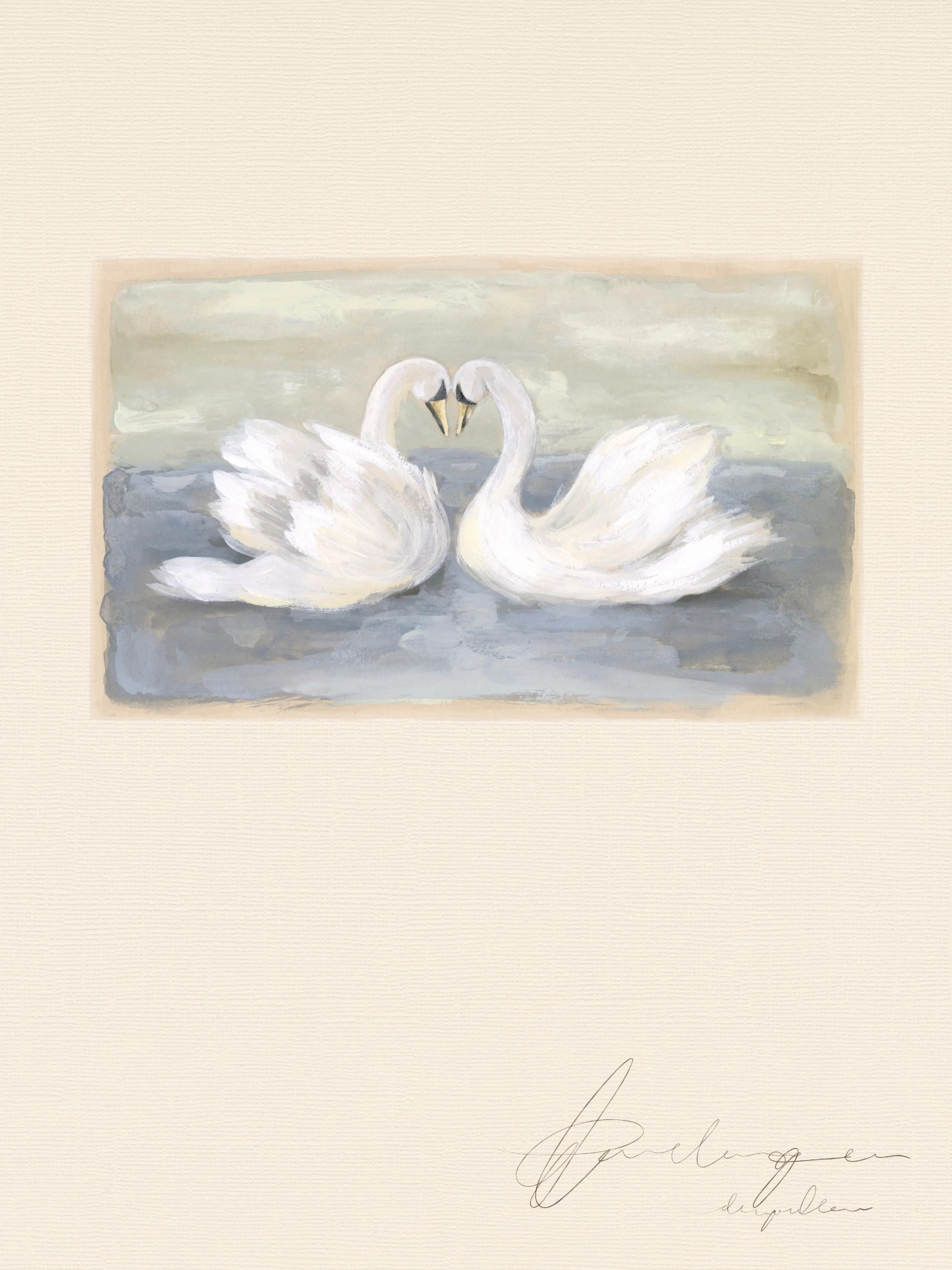 Póster de dos cisnes blancos frente a frente, formando un corazón sobre un fondo acuarela azul y beige.
