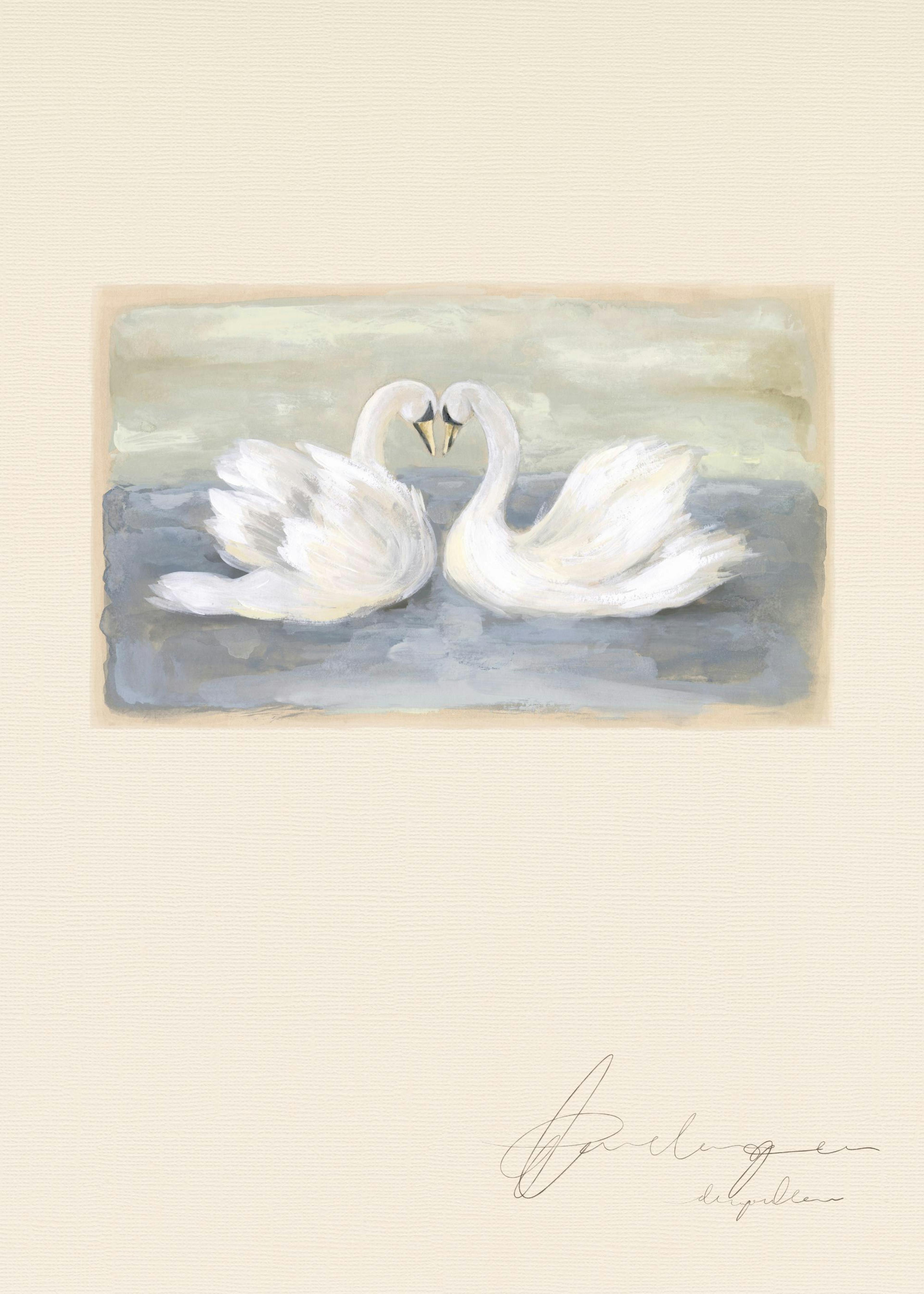 Affiche avec deux cygnes blancs enlacés sur un lac gris-bleu, fond beige clair.