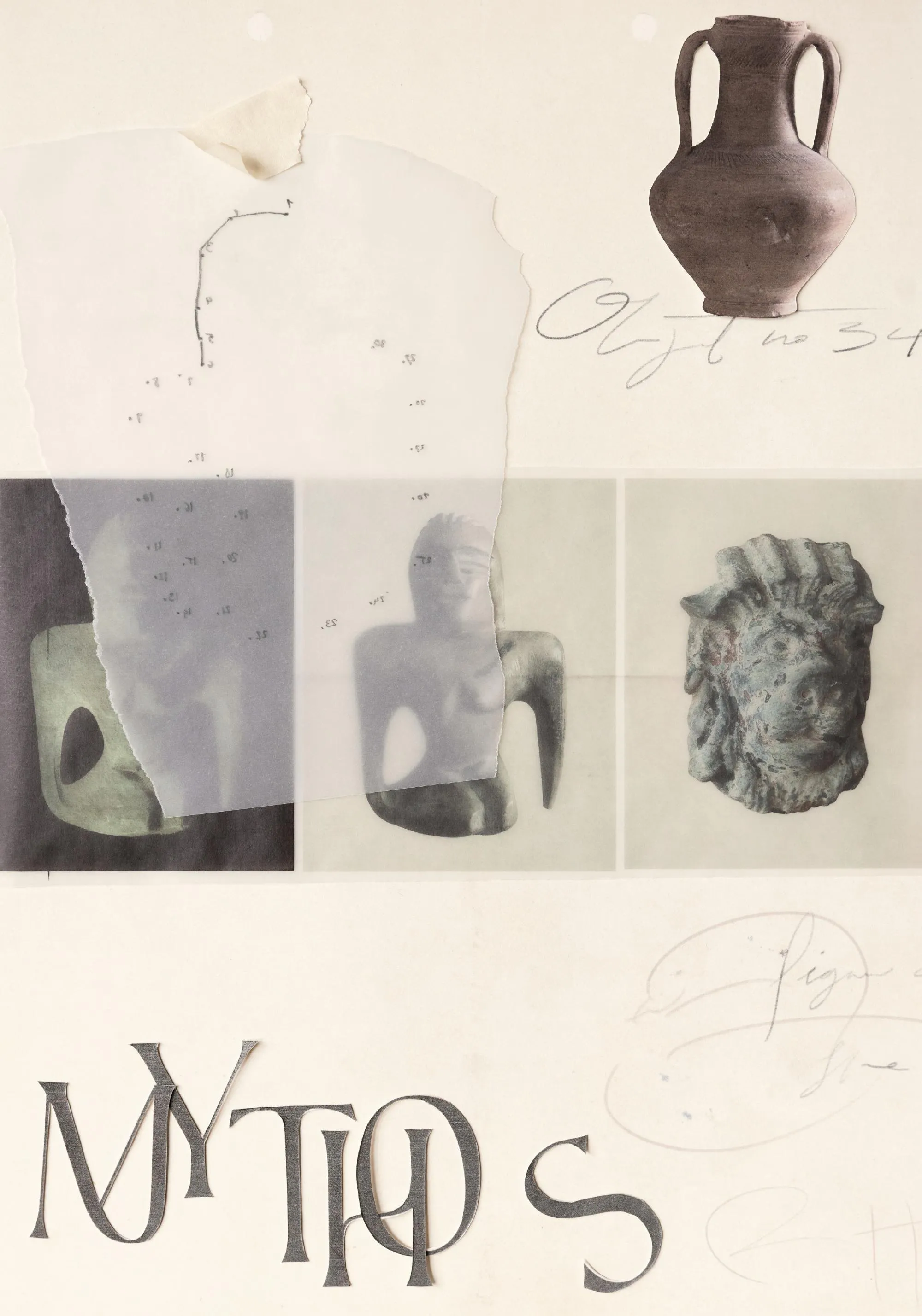 A print of a collage showing ancient artifacts, including a vase, a torso, a lion head, and the word MYTHOS in cut-out letters.