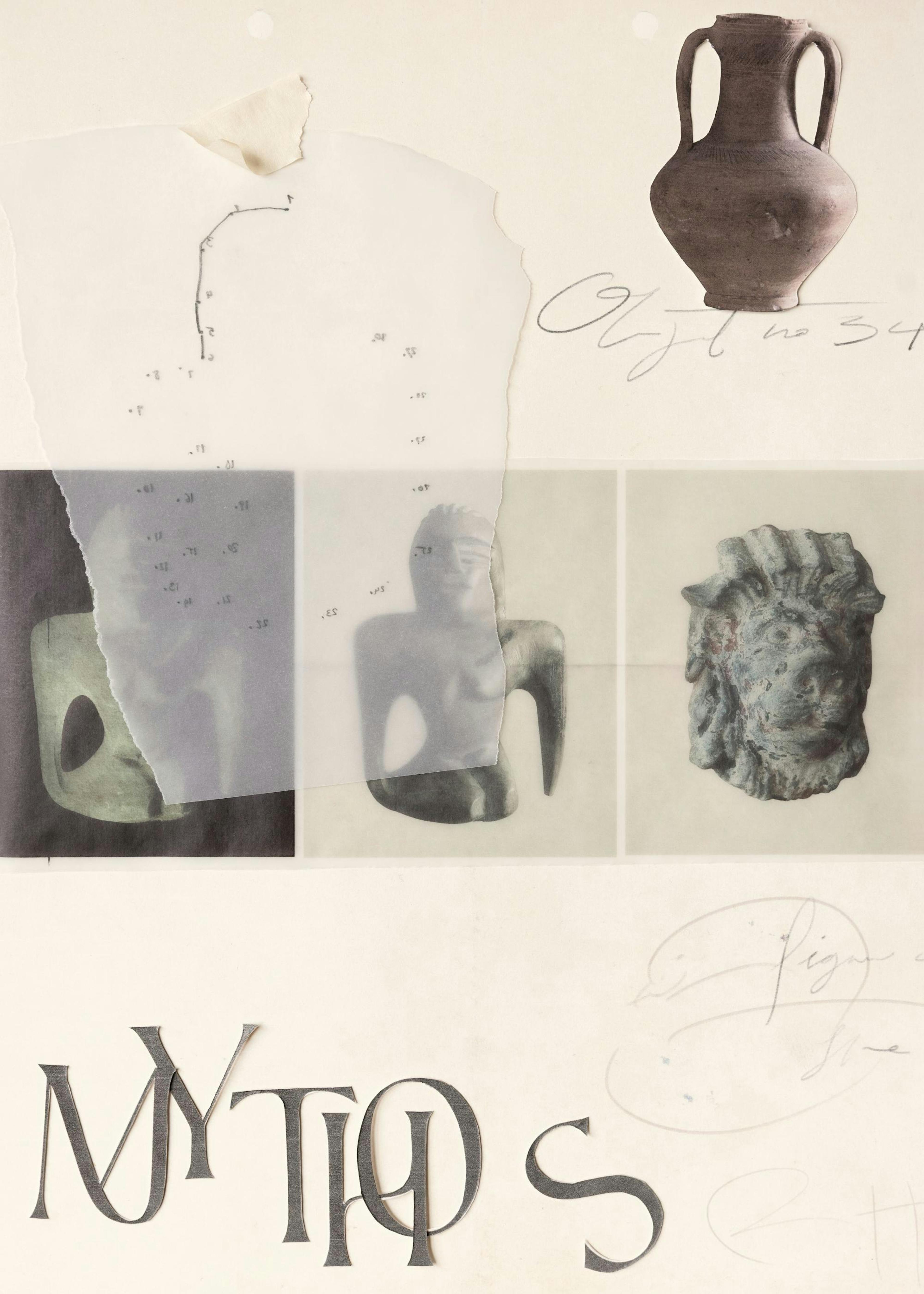 Affiche avec un collage dillustrations antiques, incluant une amphore, des figures et le mot MYTHOS.