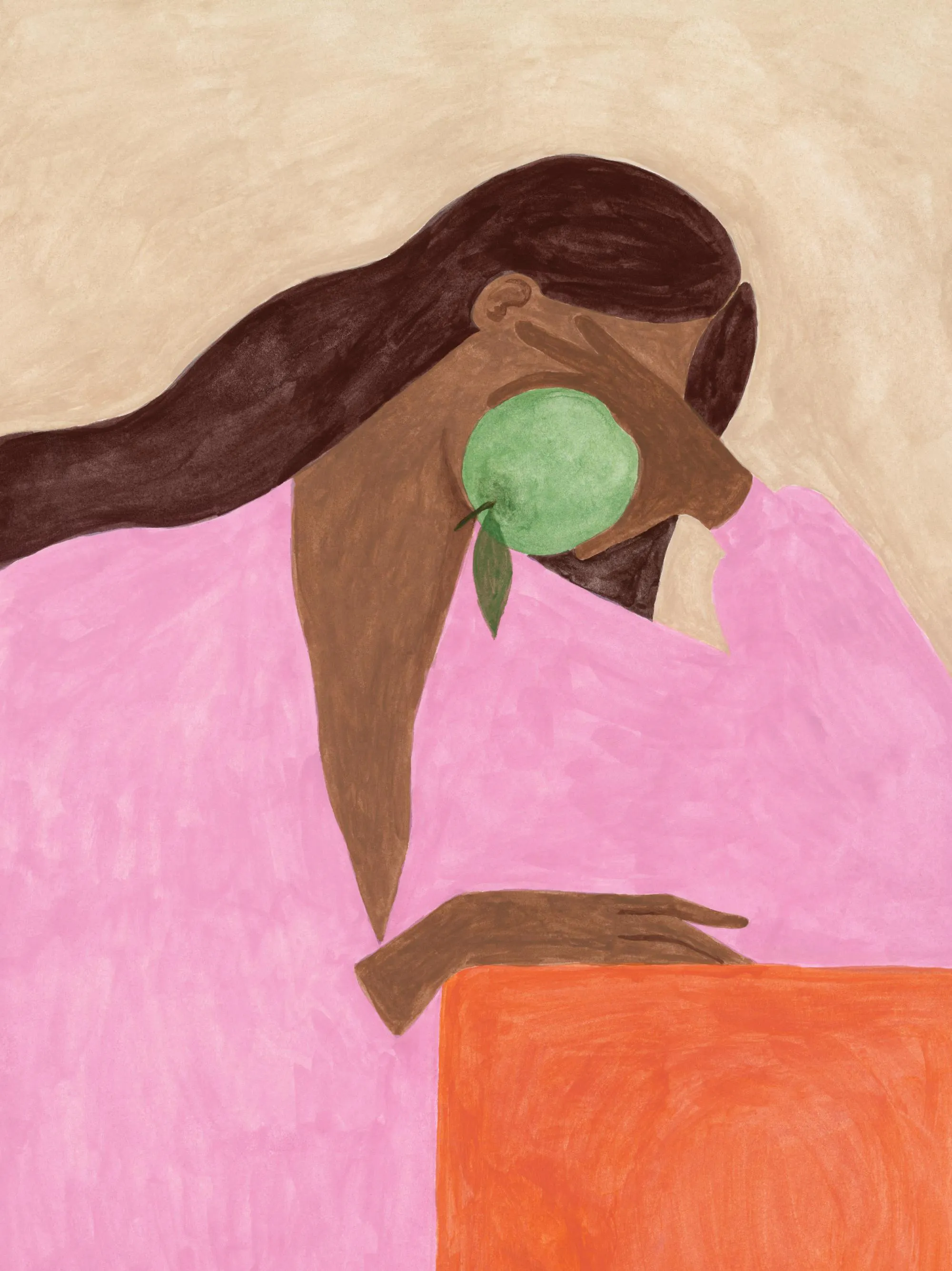 Póster de una figura abstracta con cabello oscuro y blusa rosa, sosteniendo una manzana verde.