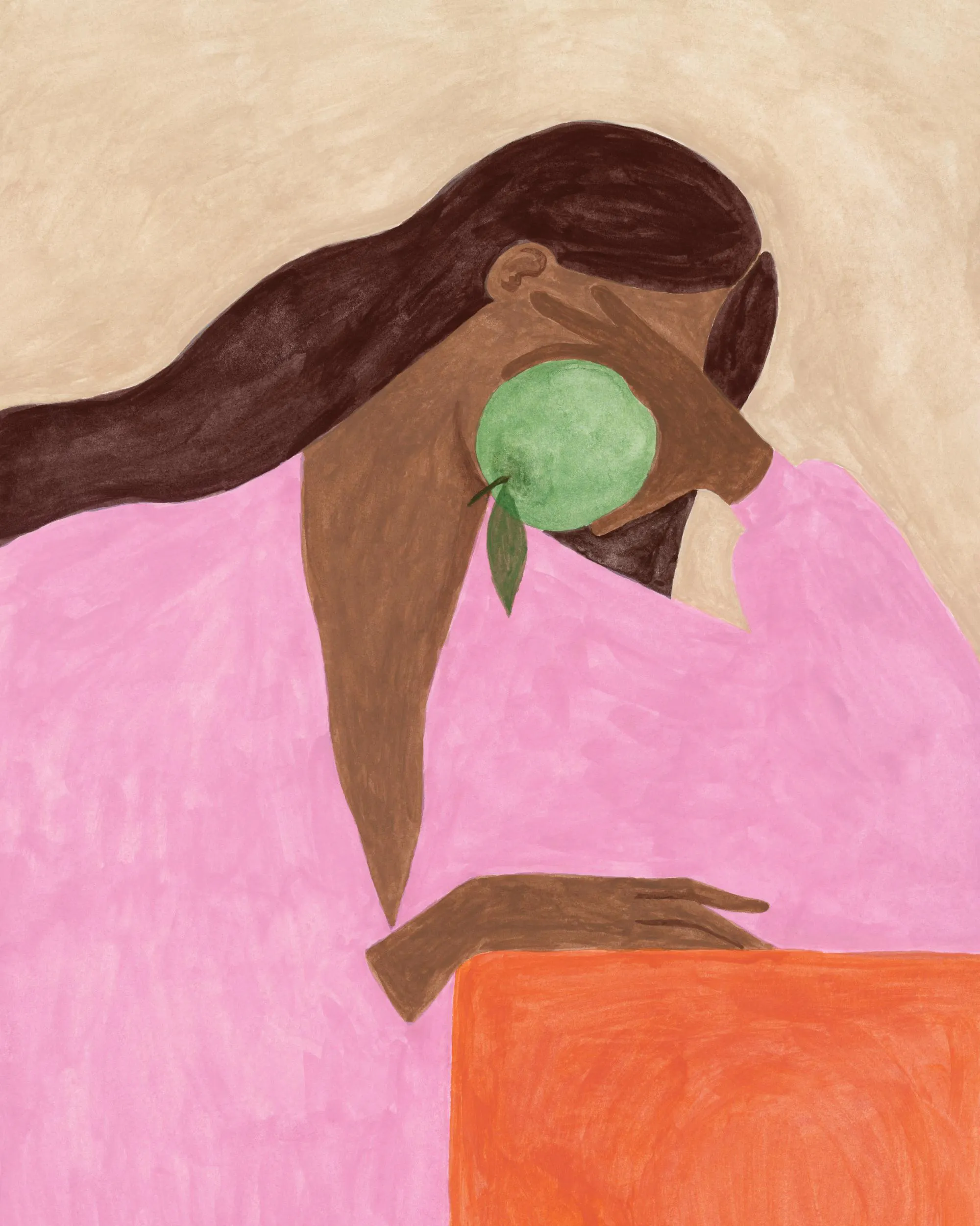 A print of a woman with dark hair in a pink top, holding a green apple to her face, resting on an orange surface.