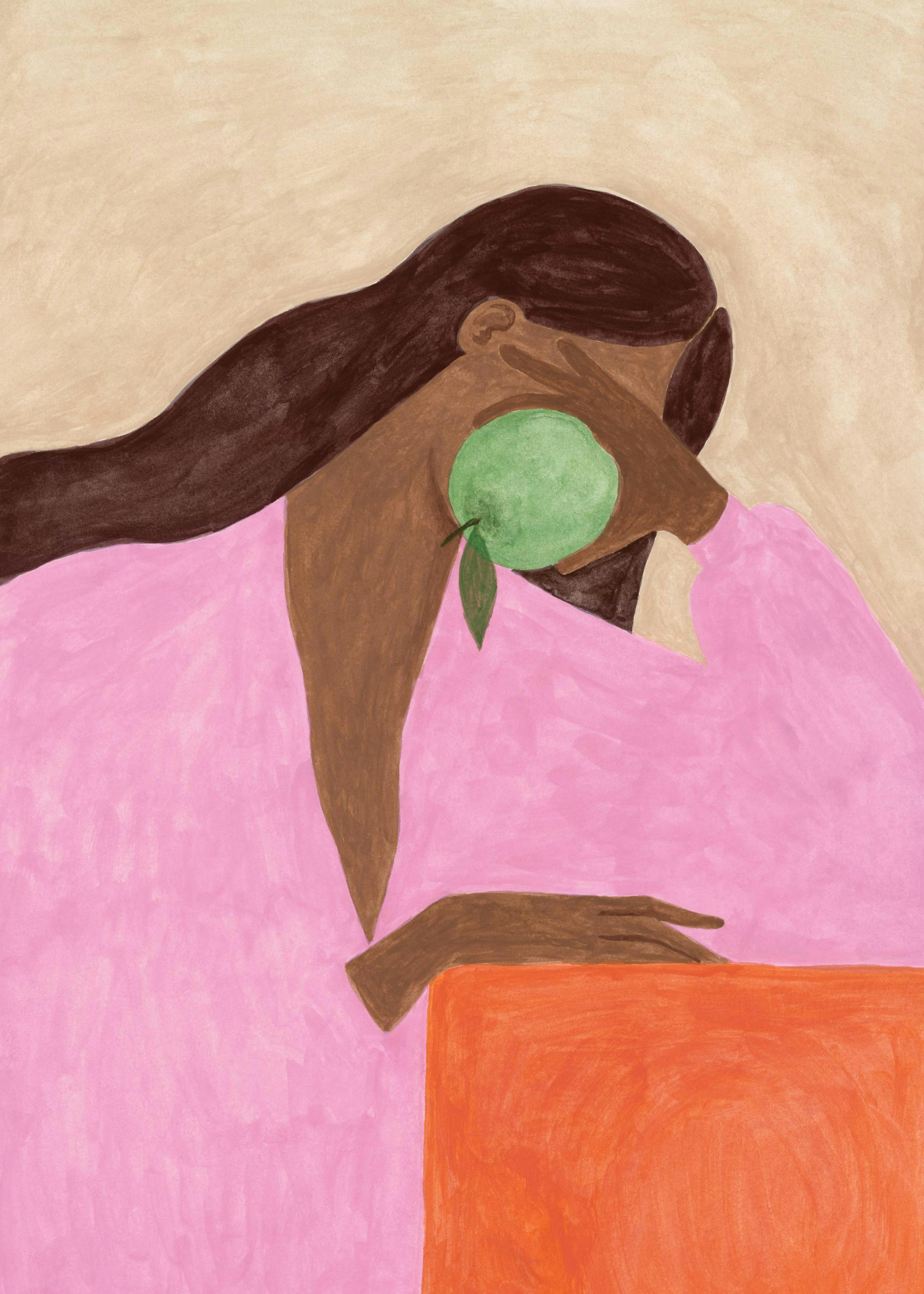 Affiche dune femme à la peau foncée avec de longs cheveux bruns tenant une lime verte, vêtue dun haut rose.