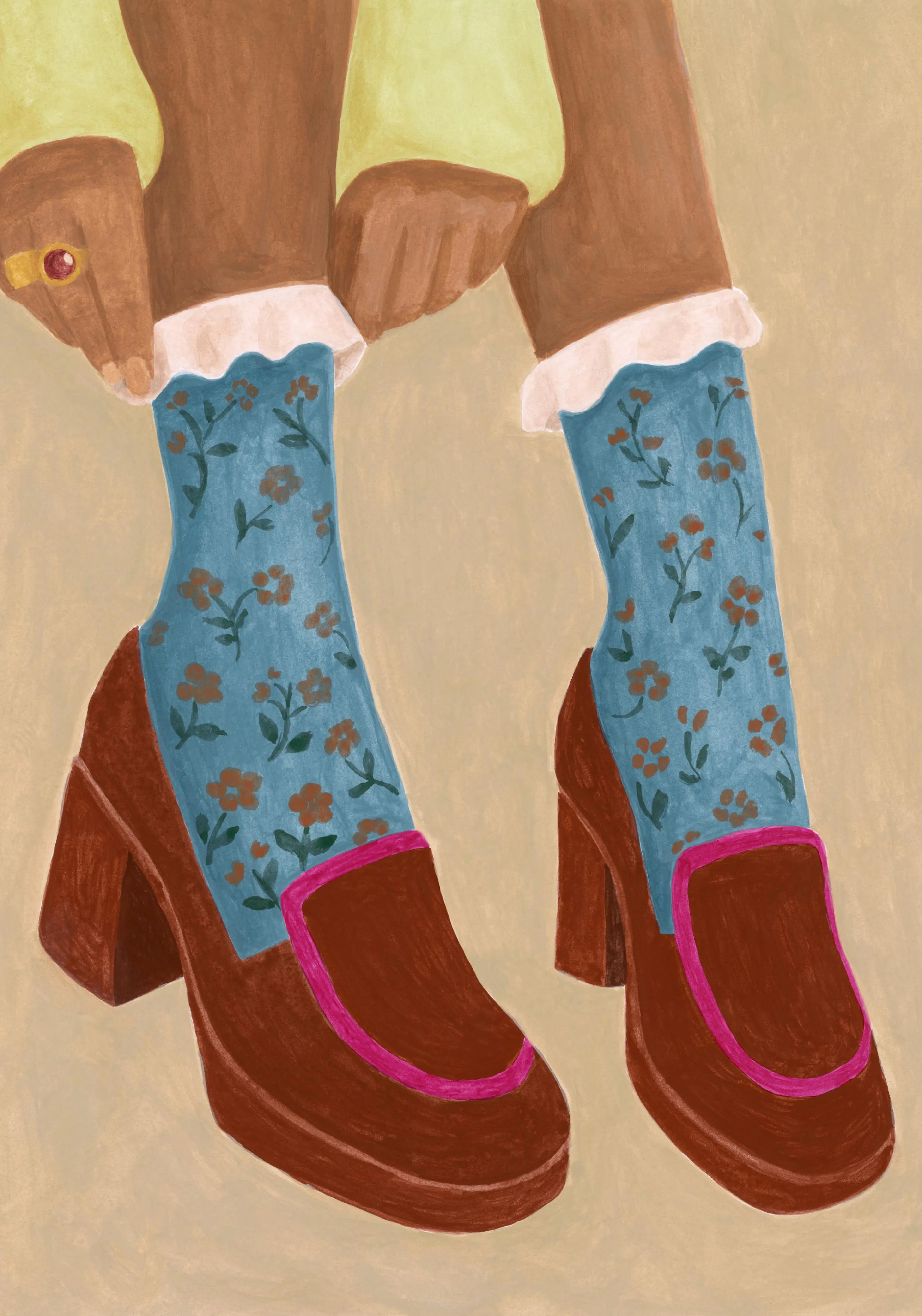 Un poster che mostra piedi con calze floreali blu e scarpe marroni con dettagli fucsia.