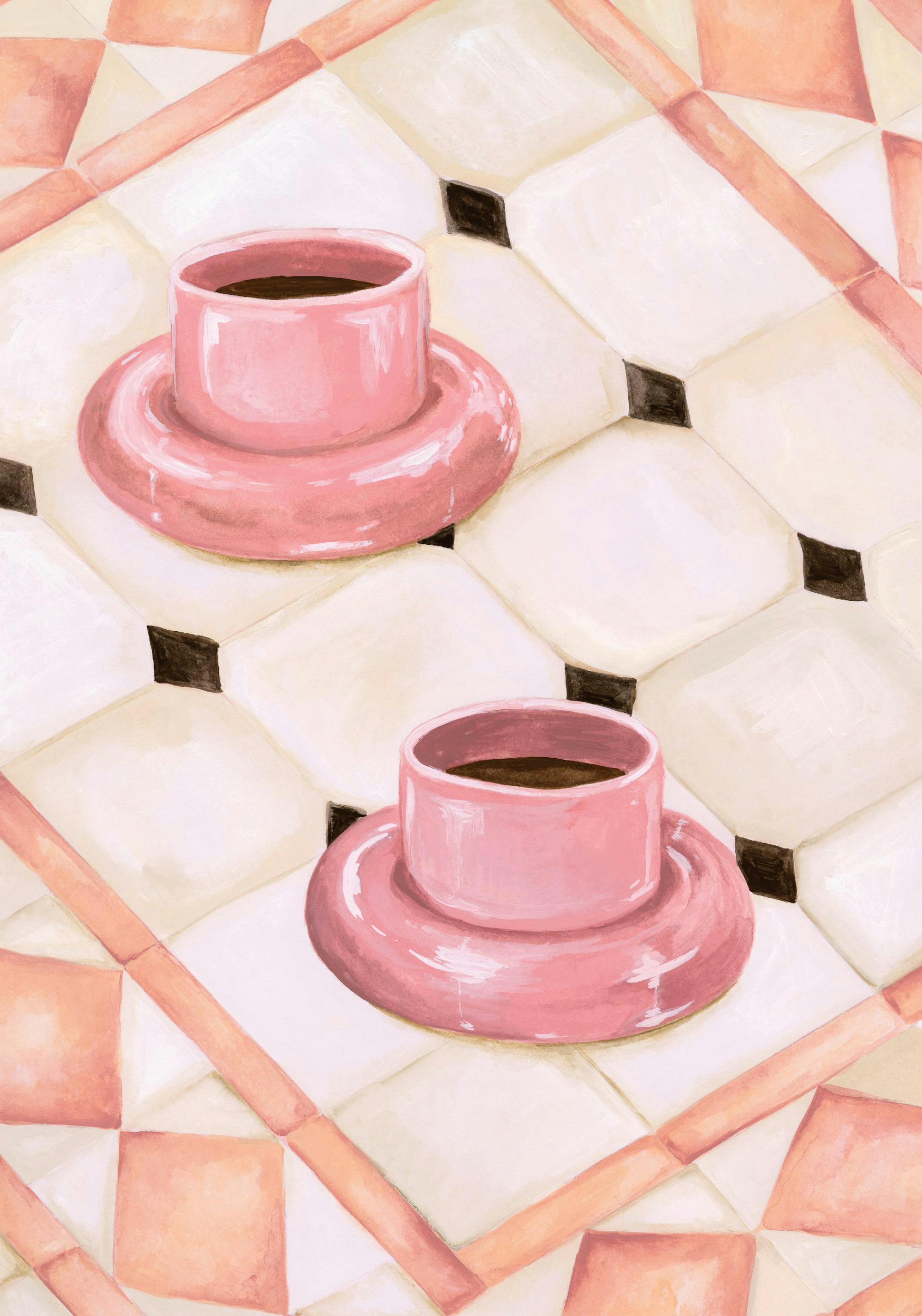 Affiche de deux tasses de café rose sur un carrelage blanc et pêche, avec des accents noirs.