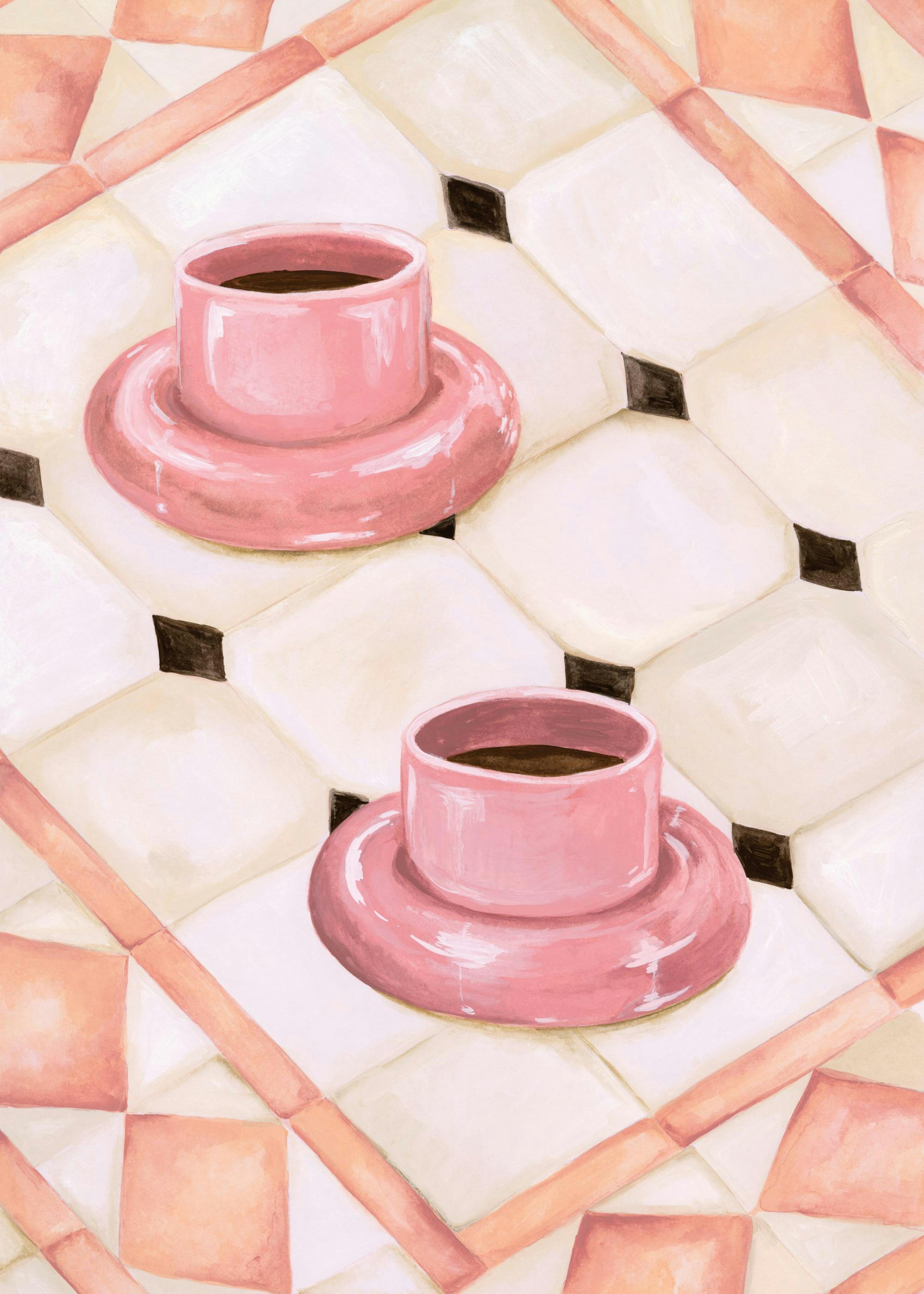 Affiche de deux tasses de café rose sur un carrelage blanc et pêche, avec des accents noirs.