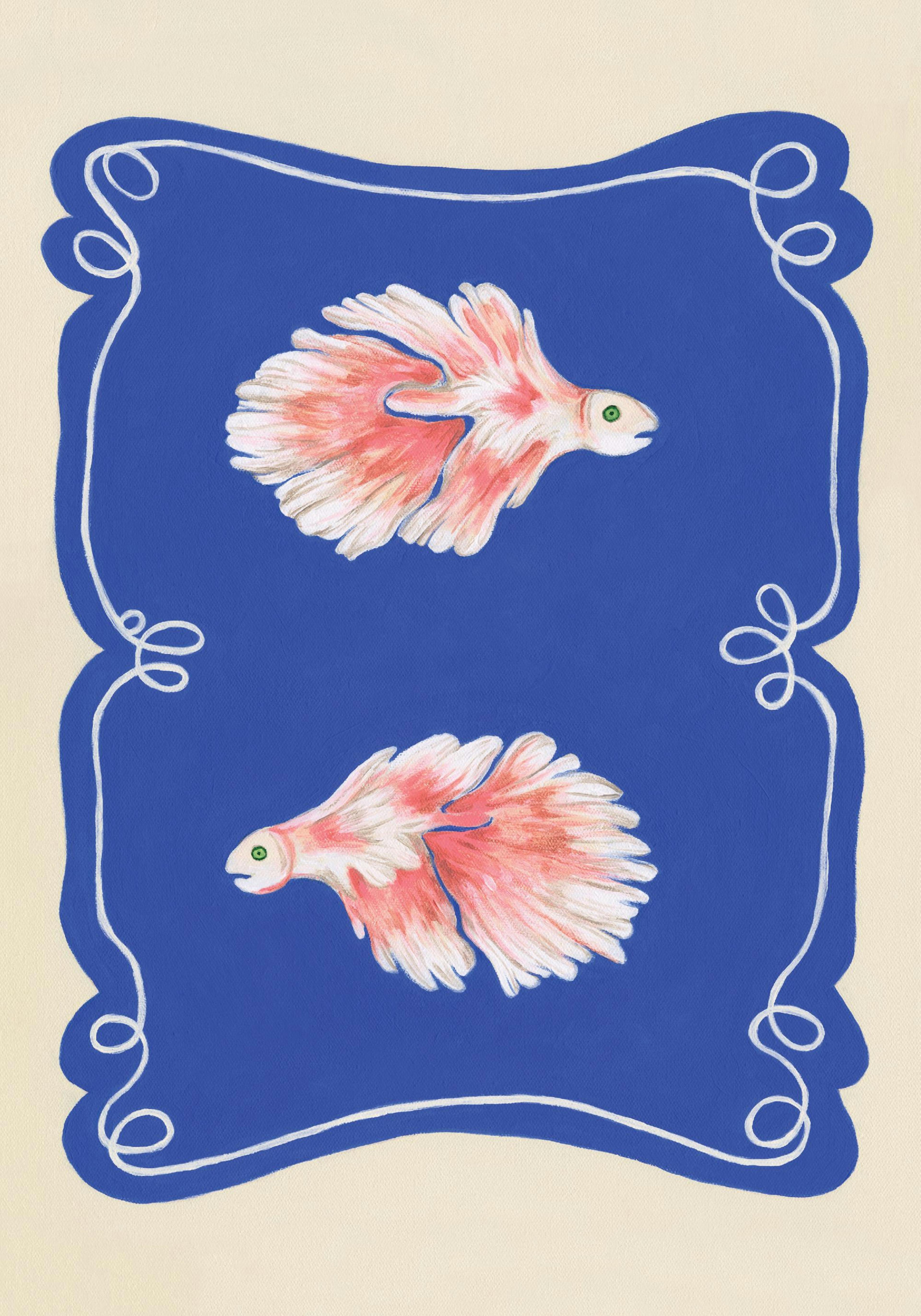 Affiche de deux poissons combattants roses avec des yeux verts, sur un fond bleu profond bordé de blanc.