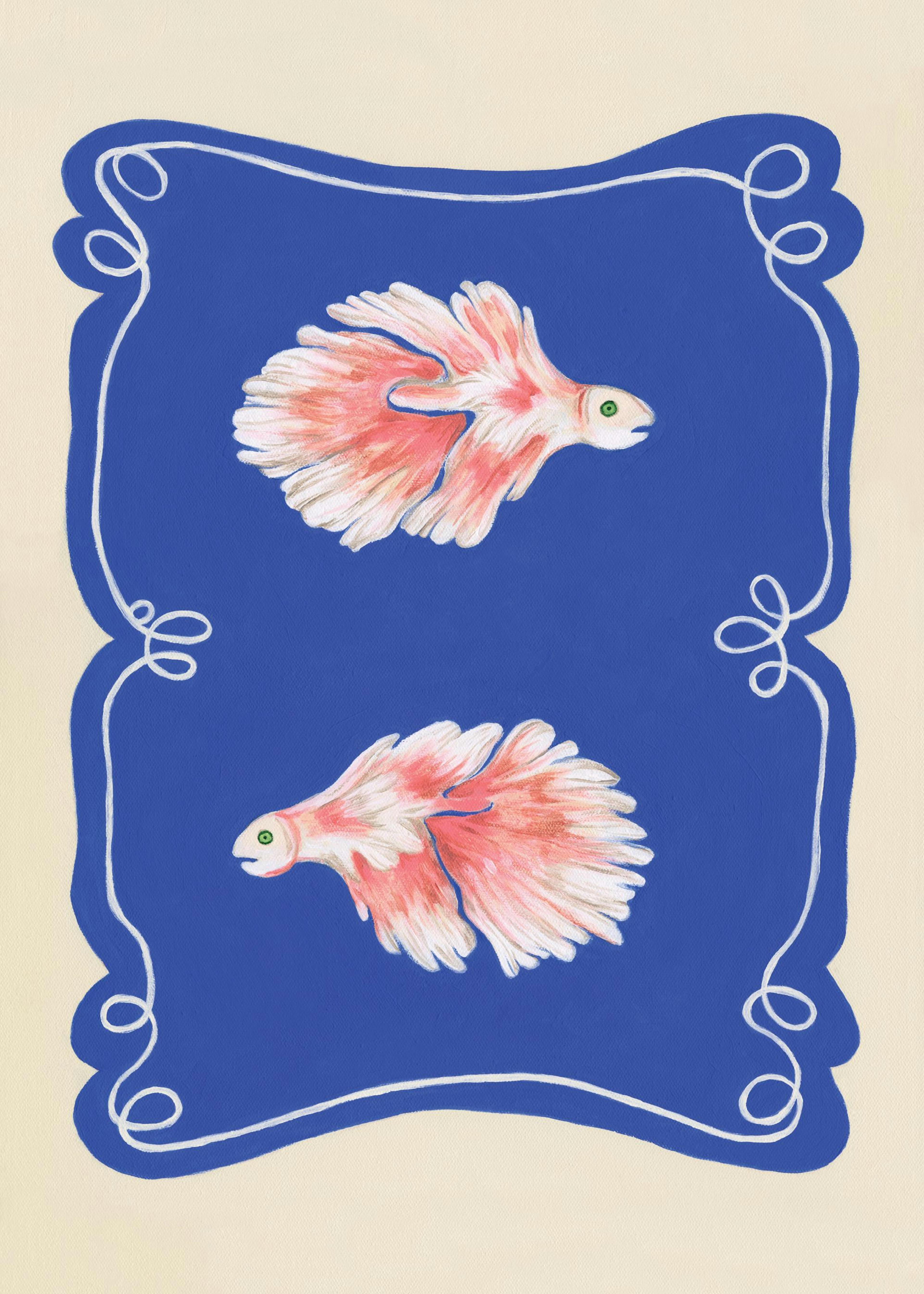 Affiche de deux poissons combattants roses avec des yeux verts, sur un fond bleu profond bordé de blanc.