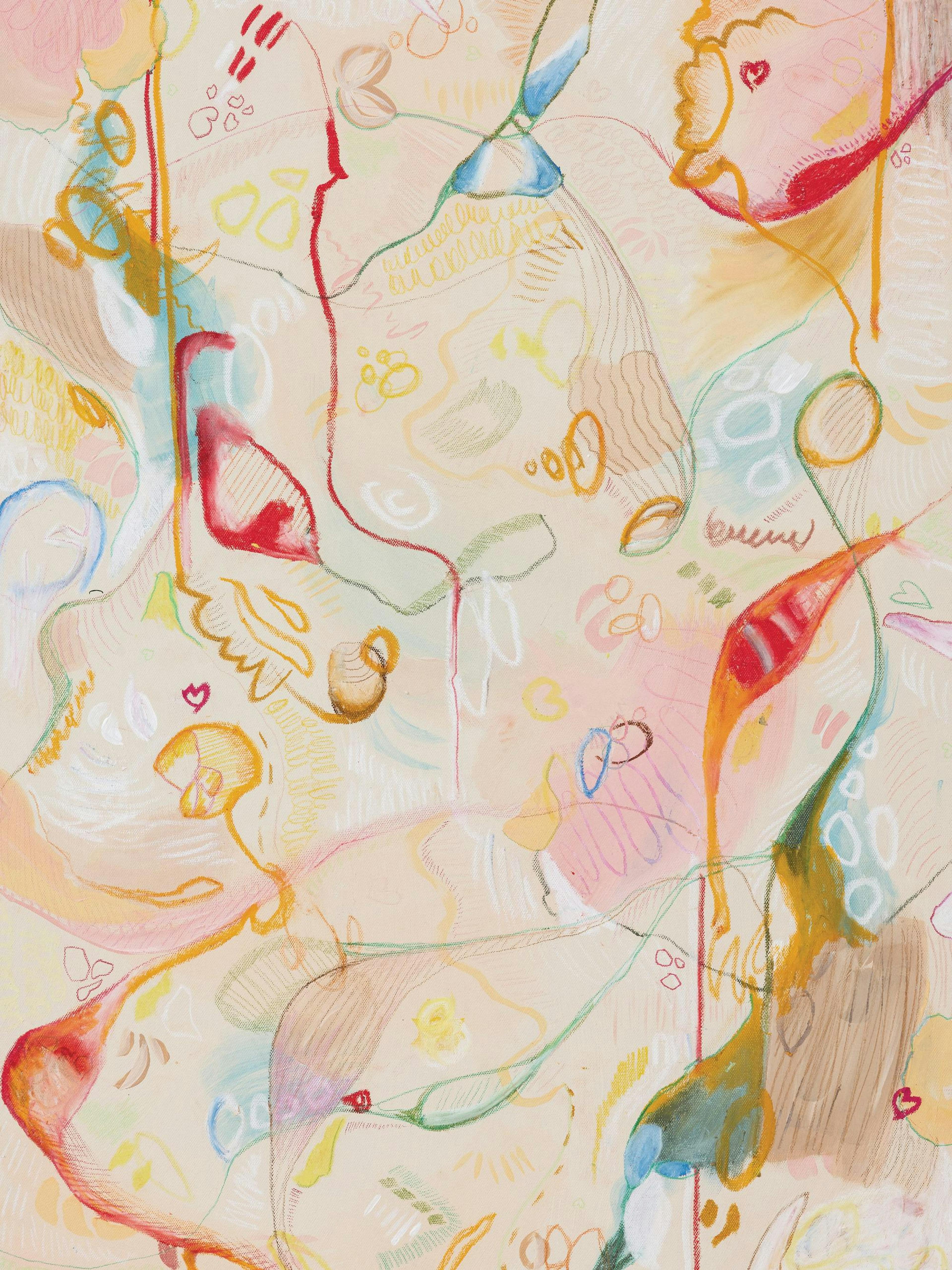 Affiche abstraite aux couleurs pastel, avec des formes organiques, des lignes fluides et des motifs discrets.