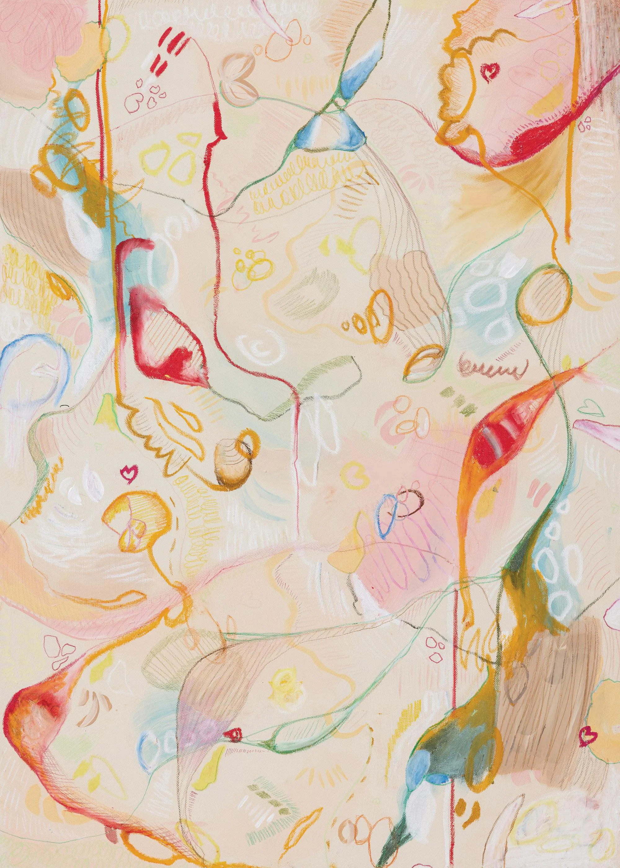 Poster con forme astratte e organiche in tonalità pastello come rosa, giallo, blu e rosso su sfondo chiaro.