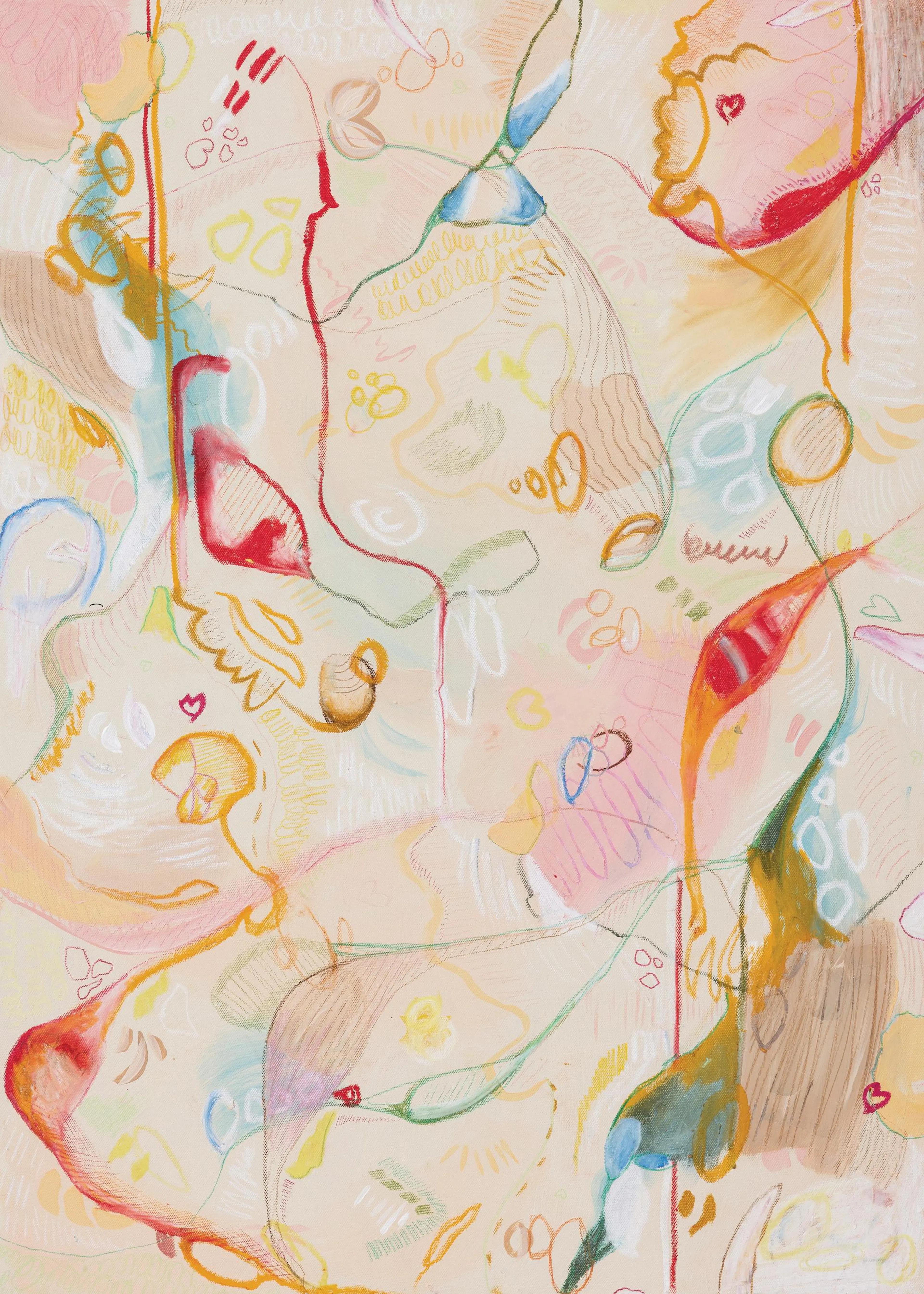 Poster con forme astratte e organiche in tonalità pastello come rosa, giallo, blu e rosso su sfondo chiaro.