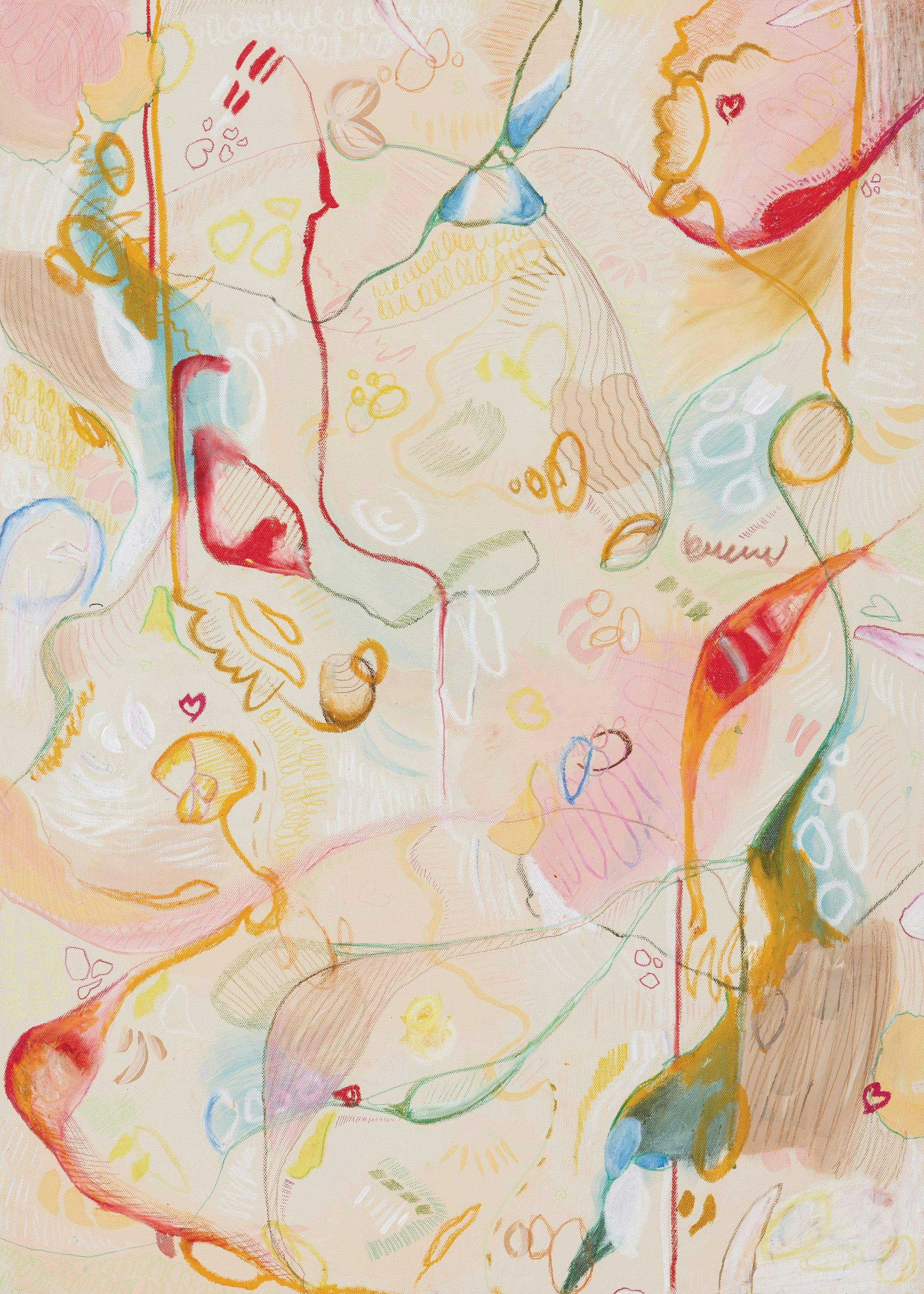 Poster astratto con forme organiche in rosa, giallo, beige e rosso, con linee e scarabocchi su sfondo chiaro.