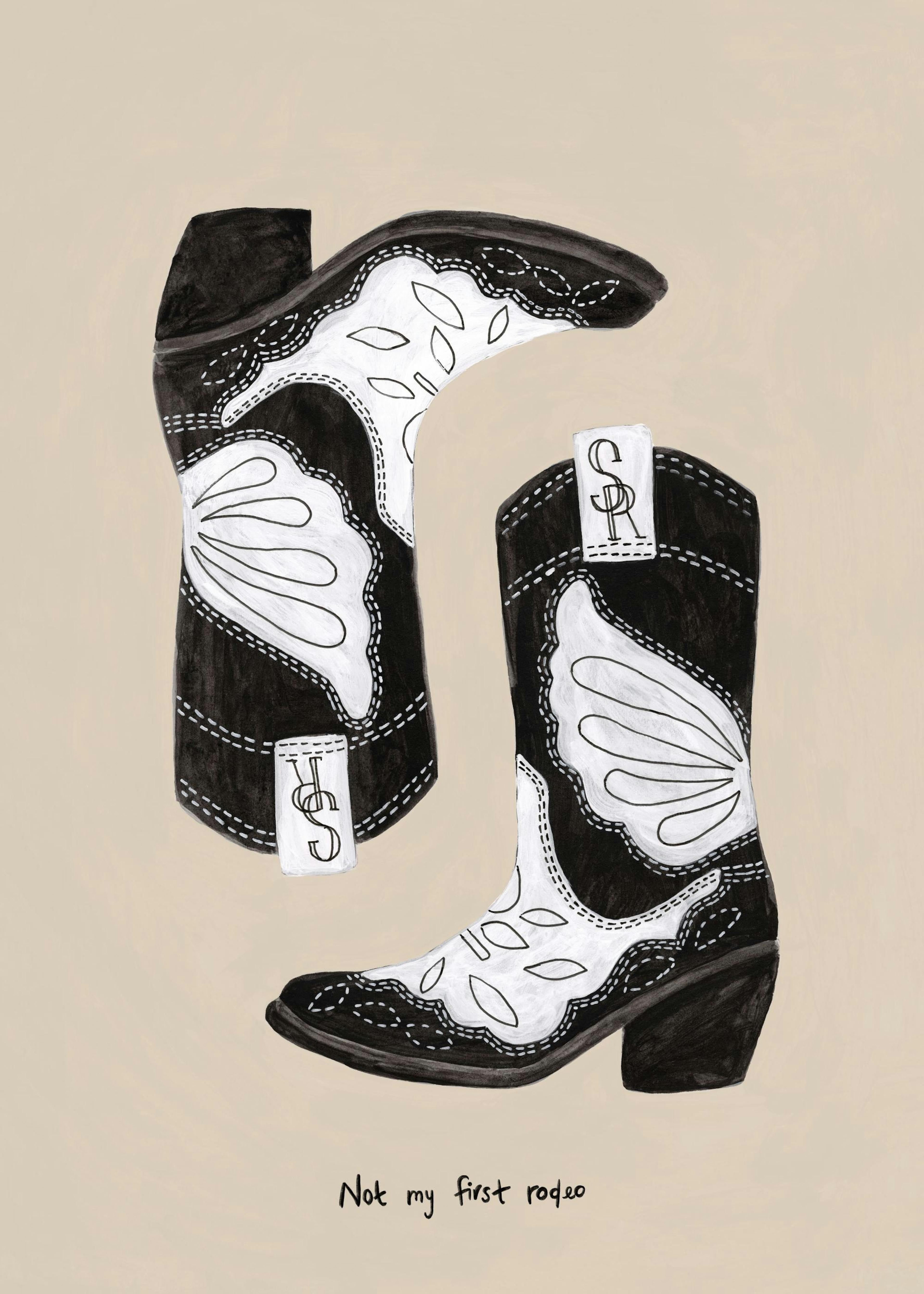 Affiche avec deux bottes de cowboy noires et blanches, décorées de motifs floraux et de l’inscription « Not my first rodeo ».