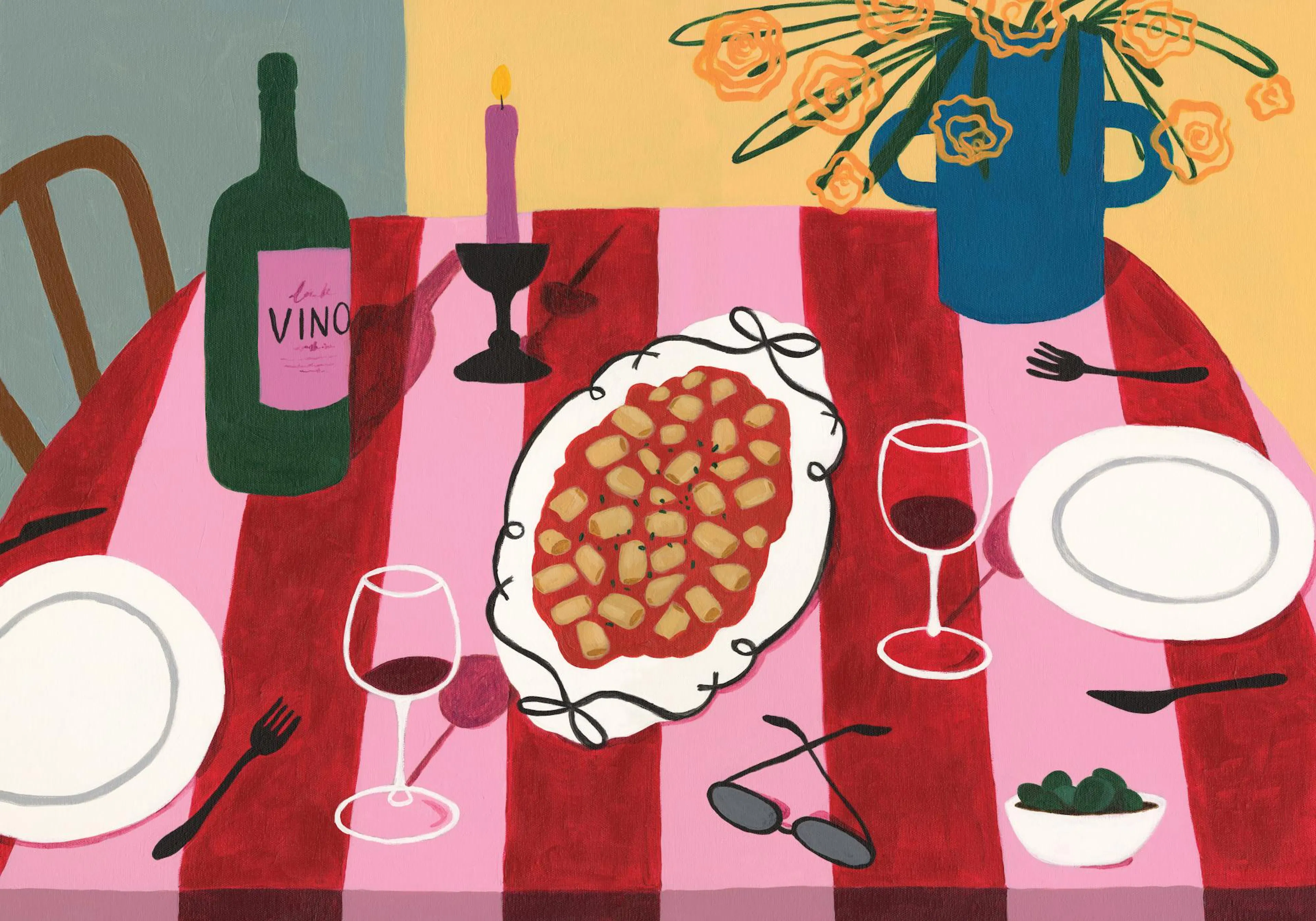 Affiche colorée dune table dressée avec des pâtes, du vin, des verres, des assiettes et un bouquet de fleurs.