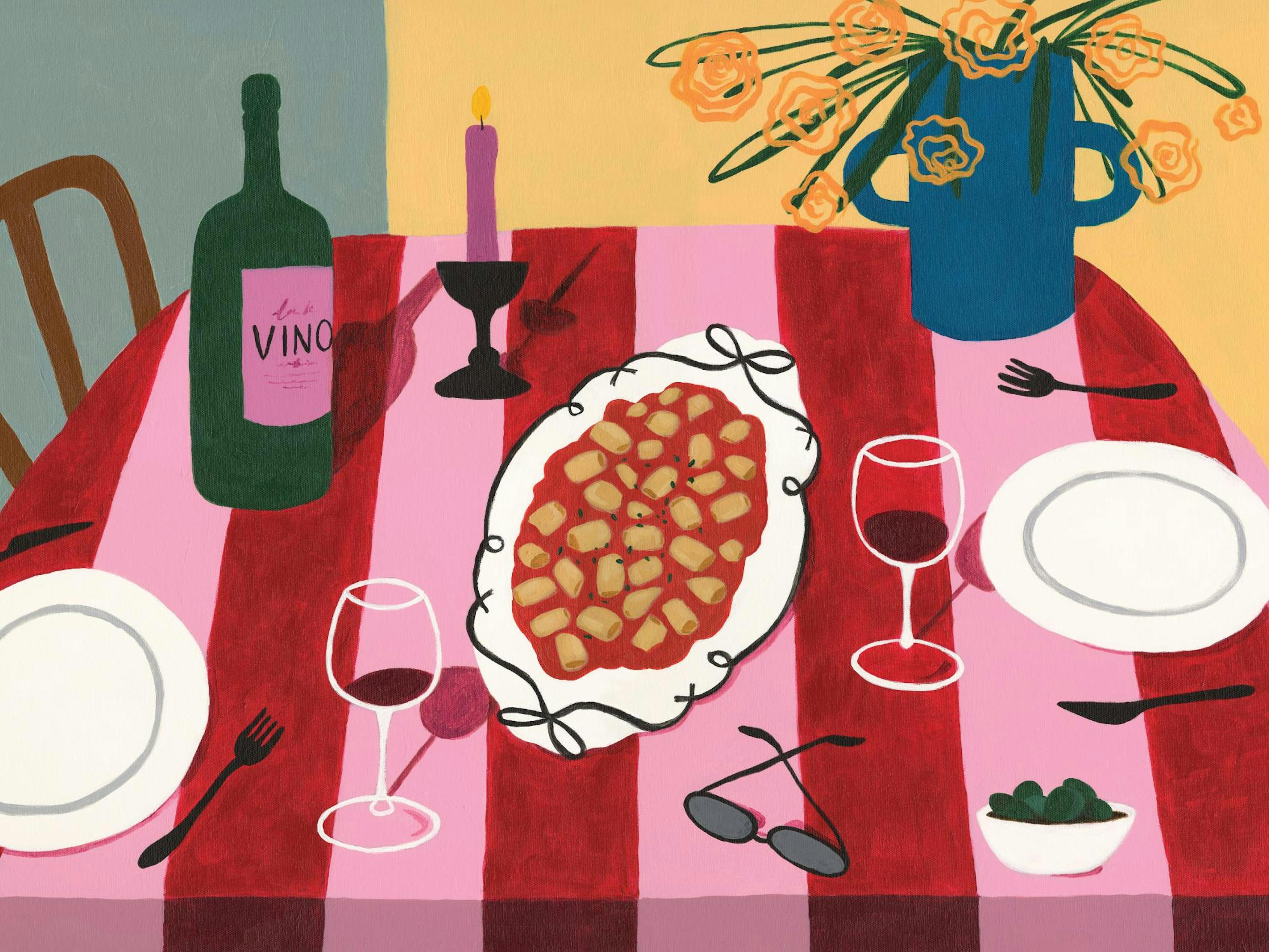 Affiche dune table avec nappe rayée rouge et rose, assiettes, verres de vin et un plat de pâtes.