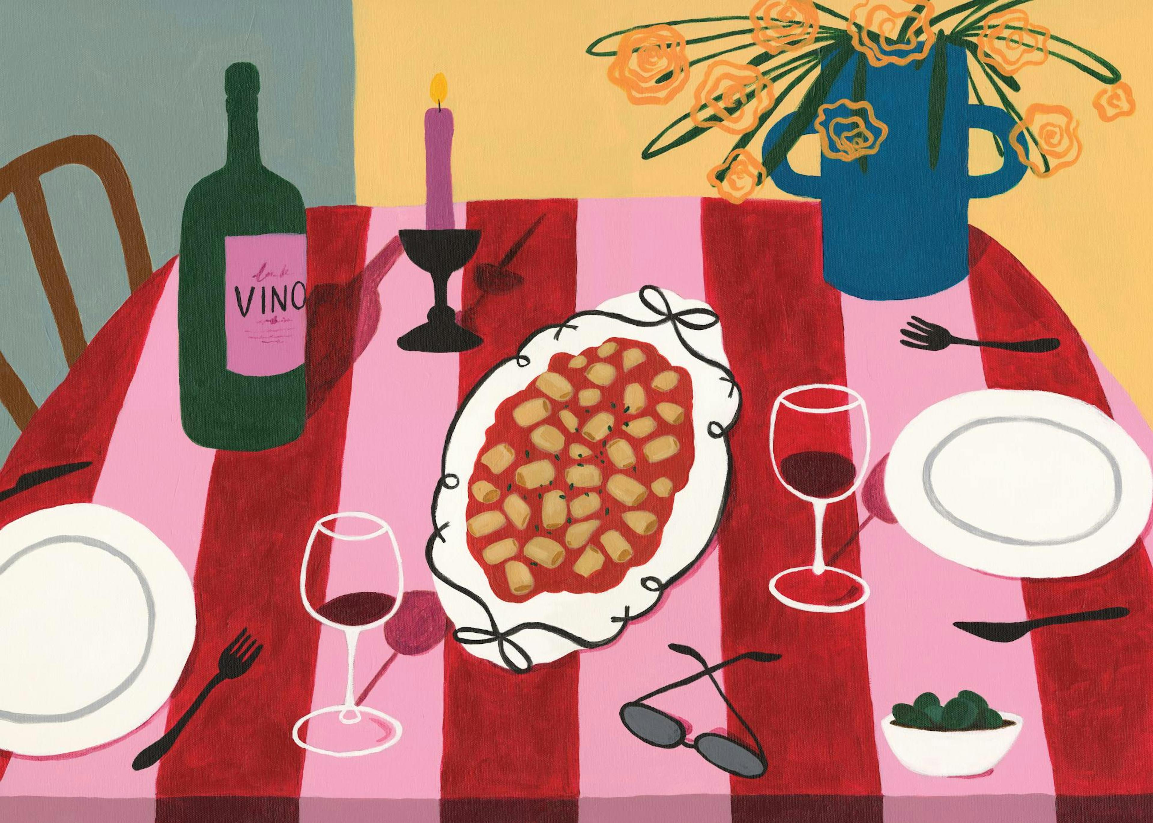 Affiche dune table avec nappe rayée rouge et rose, assiettes, verres de vin et un plat de pâtes.