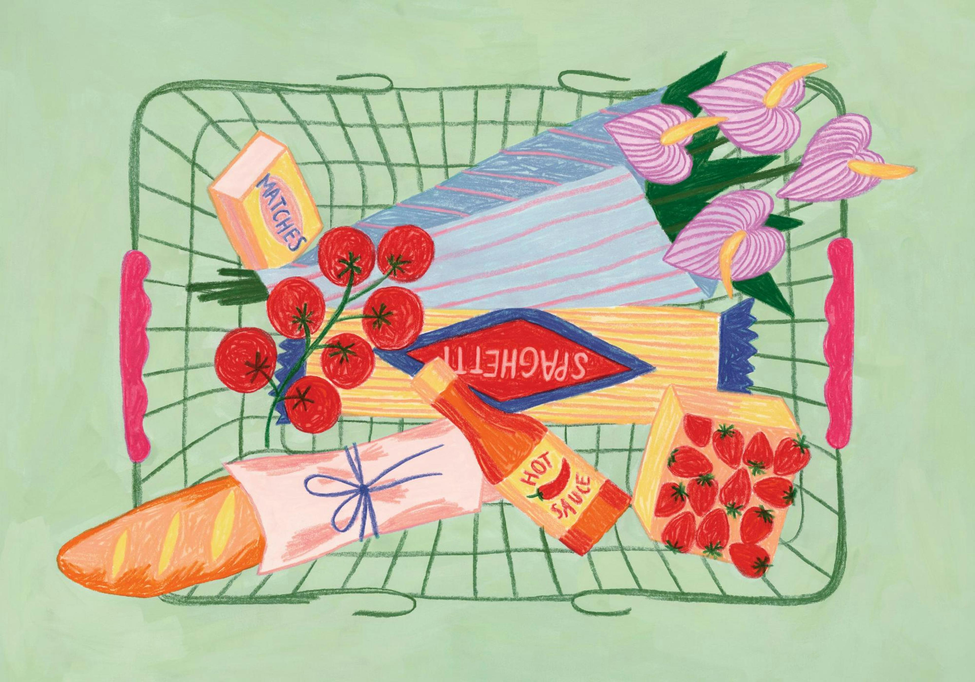 Affiche colorée dun panier dépicerie rempli de pain, pâtes, tomates, fraises, allumettes, sauce piquante et fleurs.