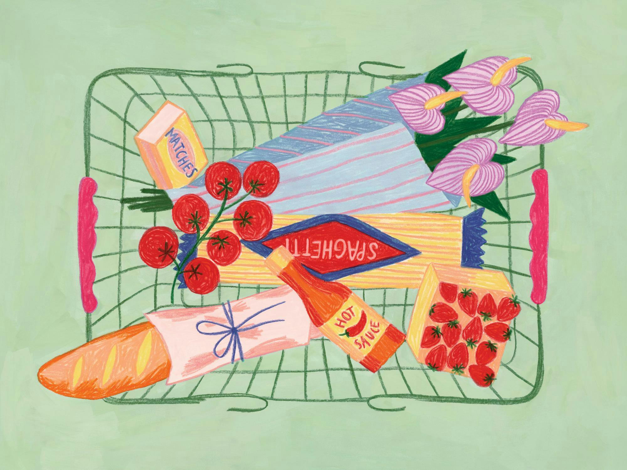 Un poster che illustra un paniere della spesa con baguette, pomodori, fiori, fragole, fiammiferi, spaghetti e salsa piccante.