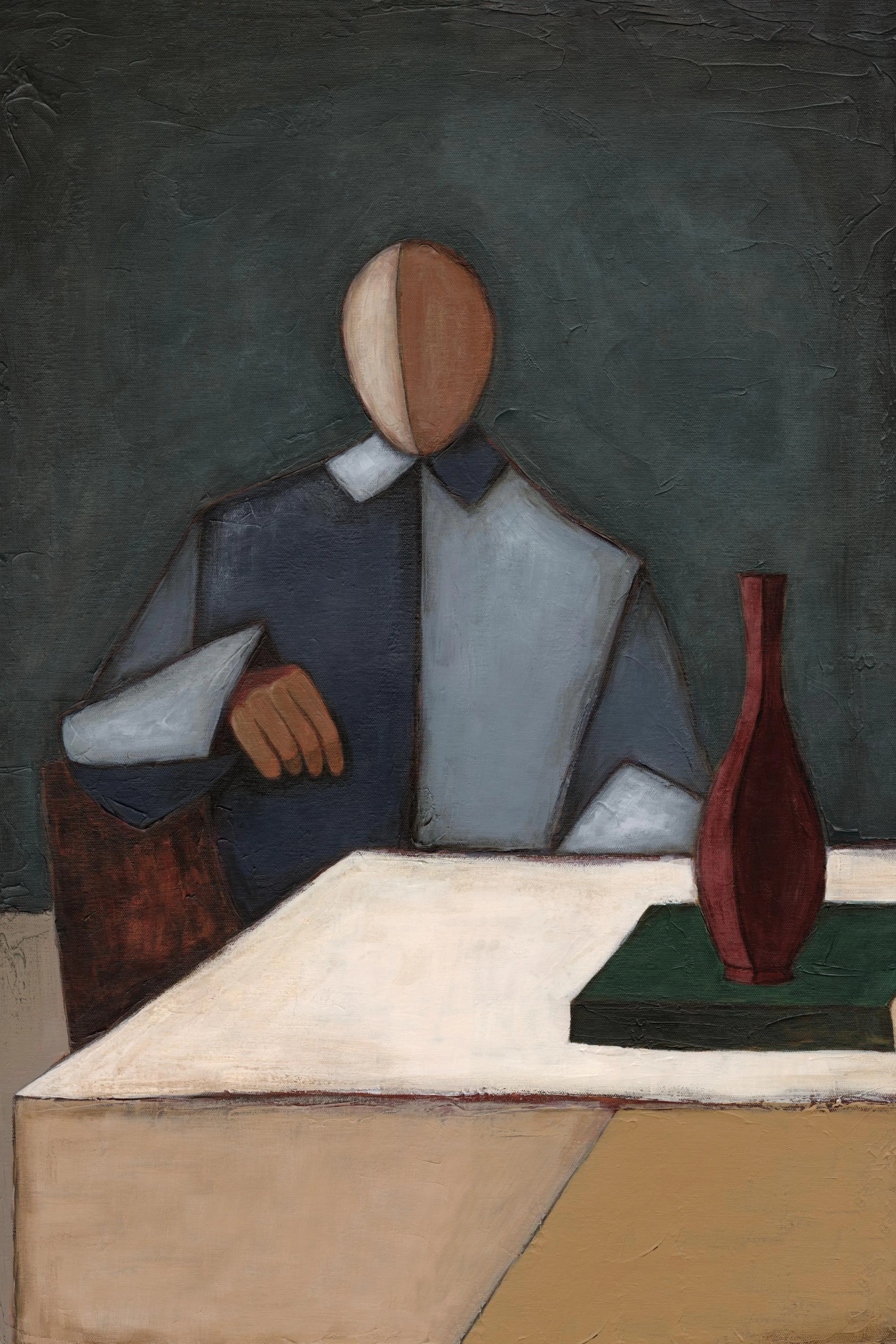 Poster: Abstrakte Darstellung einer Person in geteiltem Hemd an einem Tisch mit brauner Vase und grünem Buch.