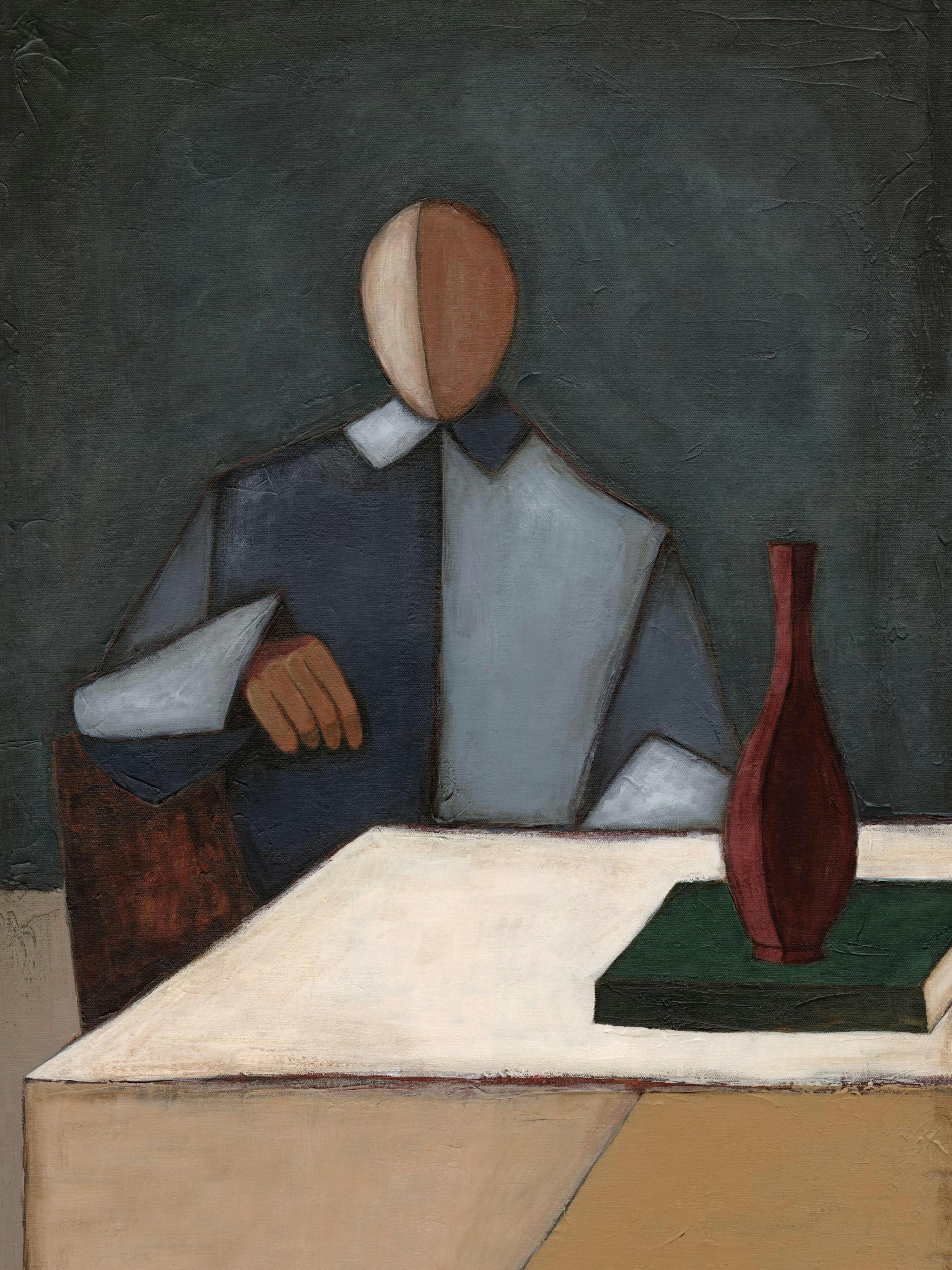Affiche dune personne stylisée assise à une table avec un vase rouge et un livre vert, sur fond gris foncé.