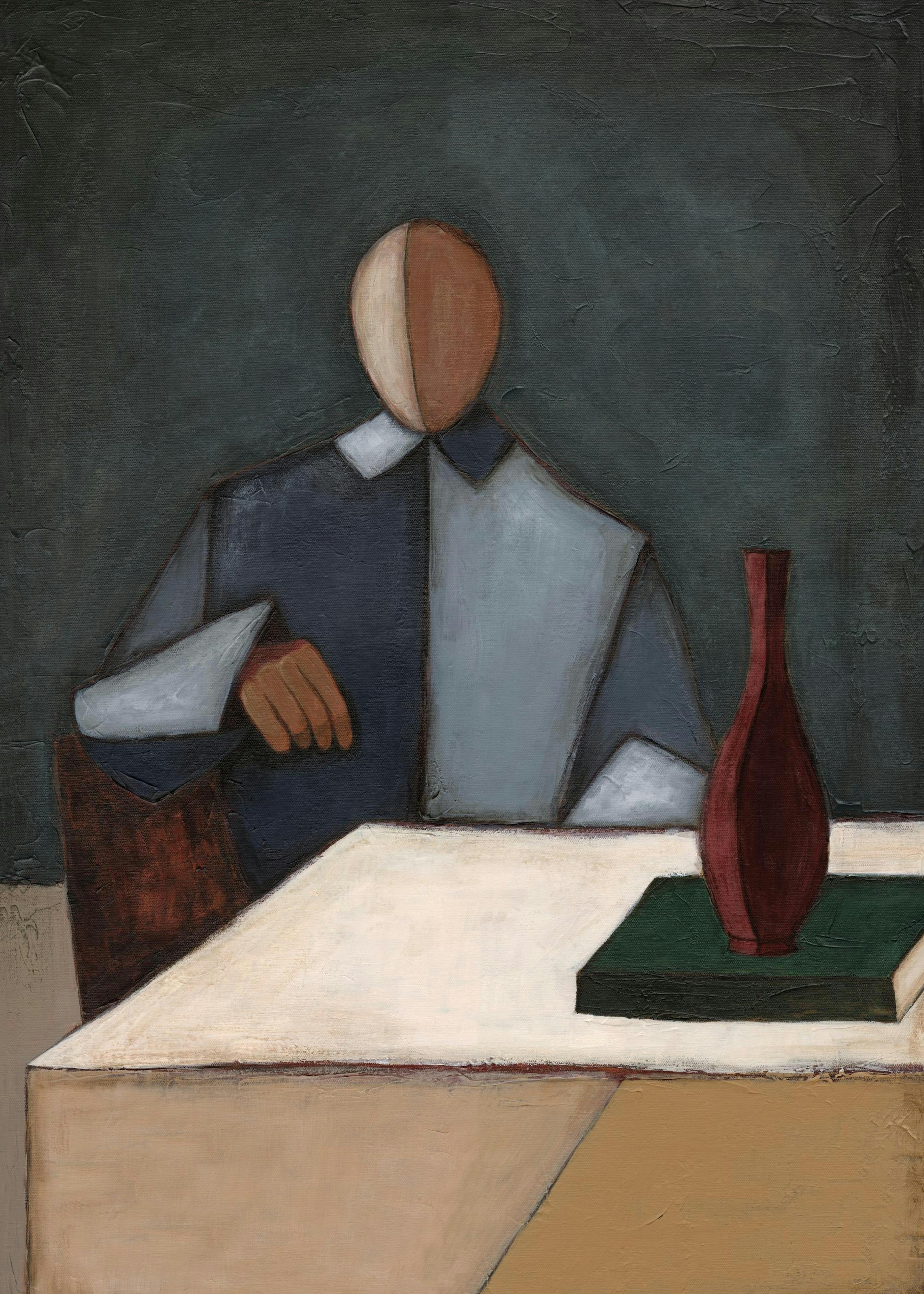 Affiche dune personne stylisée assise à une table avec un vase rouge et un livre vert, sur fond gris foncé.