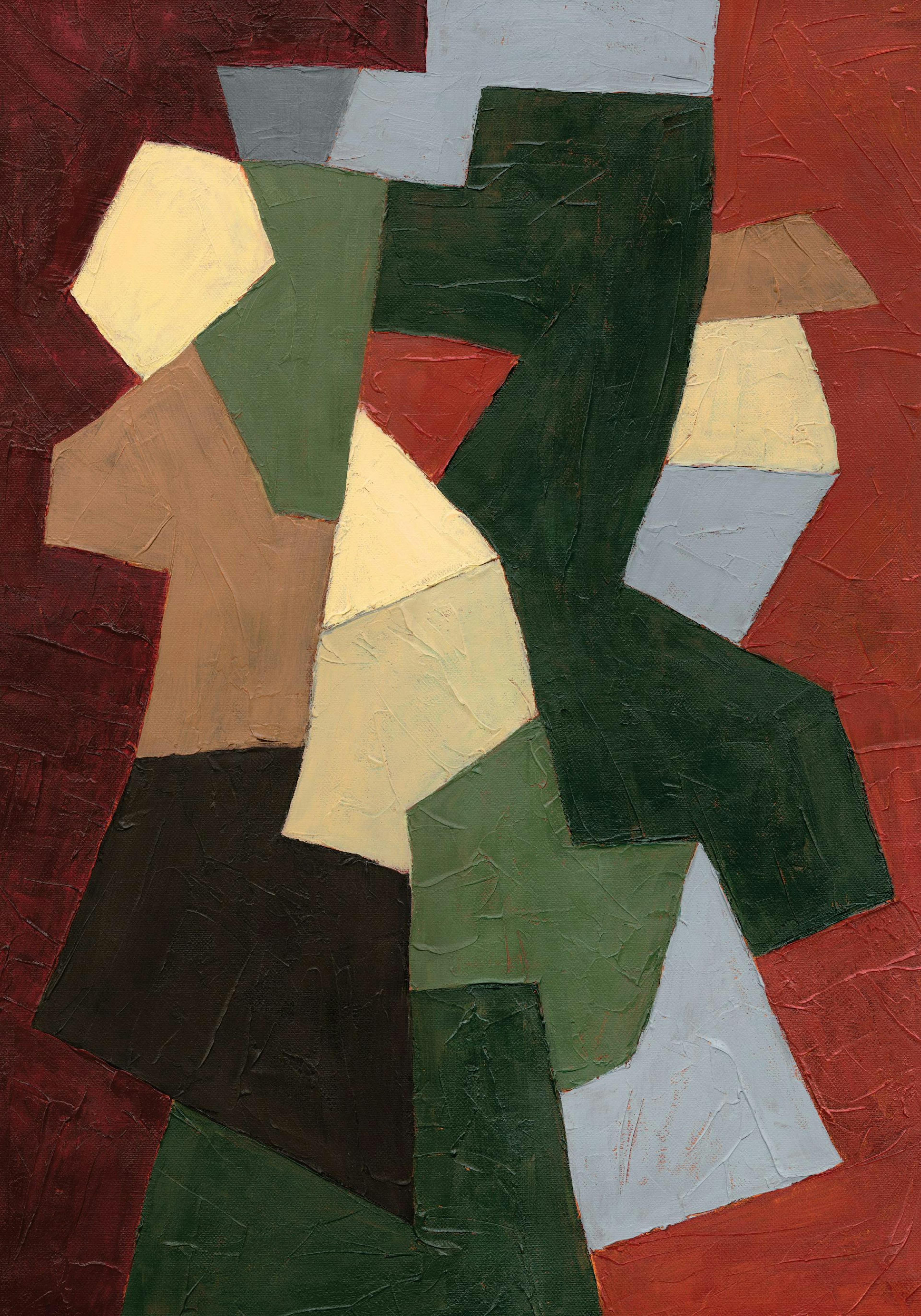 Affiche abstraite de formes colorées imbriquées, aux teintes de vert, de rouge, de beige et de gris.