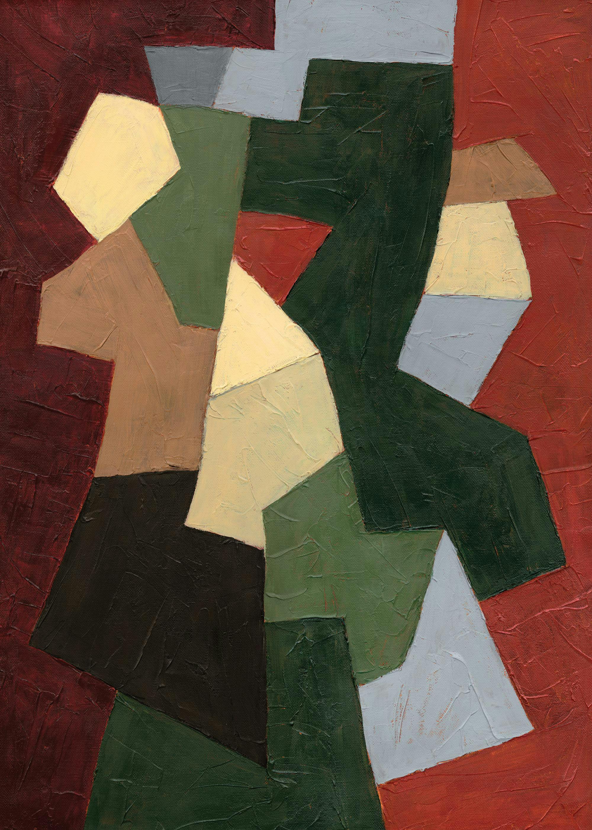 Affiche abstraite de formes colorées imbriquées, aux teintes de vert, de rouge, de beige et de gris.