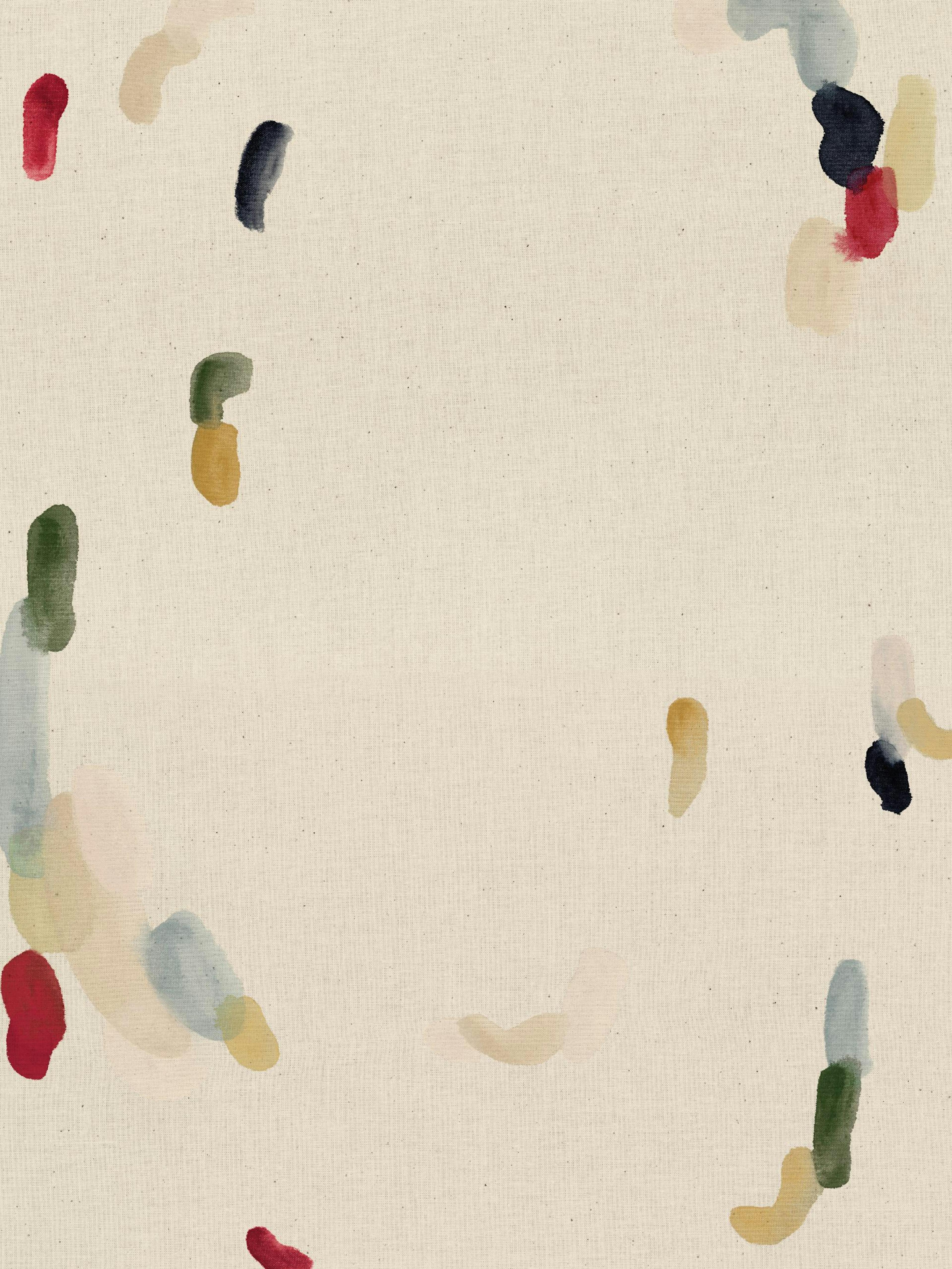 Affiche abstraite avec des formes organiques rouges, bleues, vertes et jaunes sur fond beige texturé.