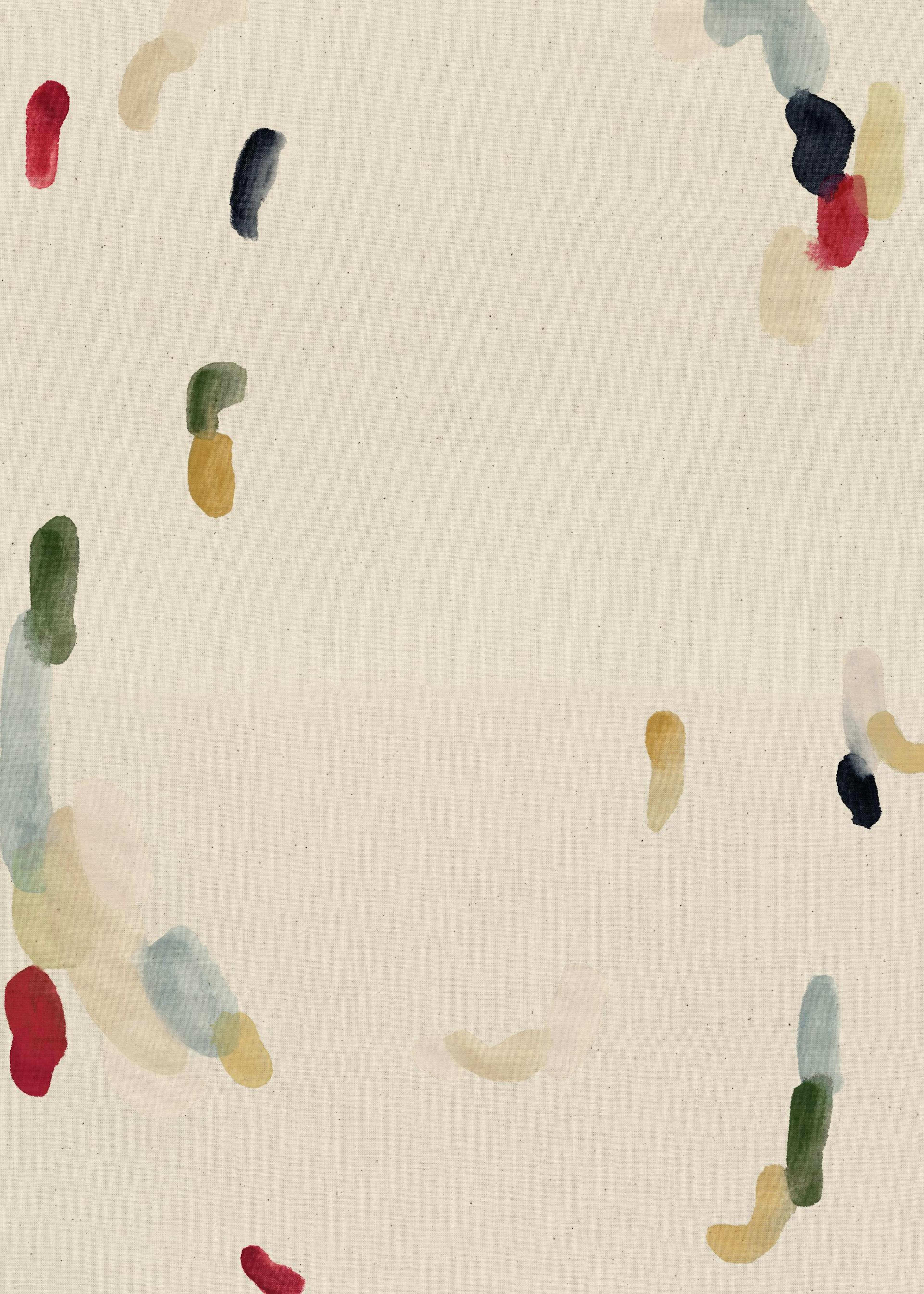 Affiche abstraite avec des formes organiques rouges, bleues, vertes et jaunes sur fond beige texturé.